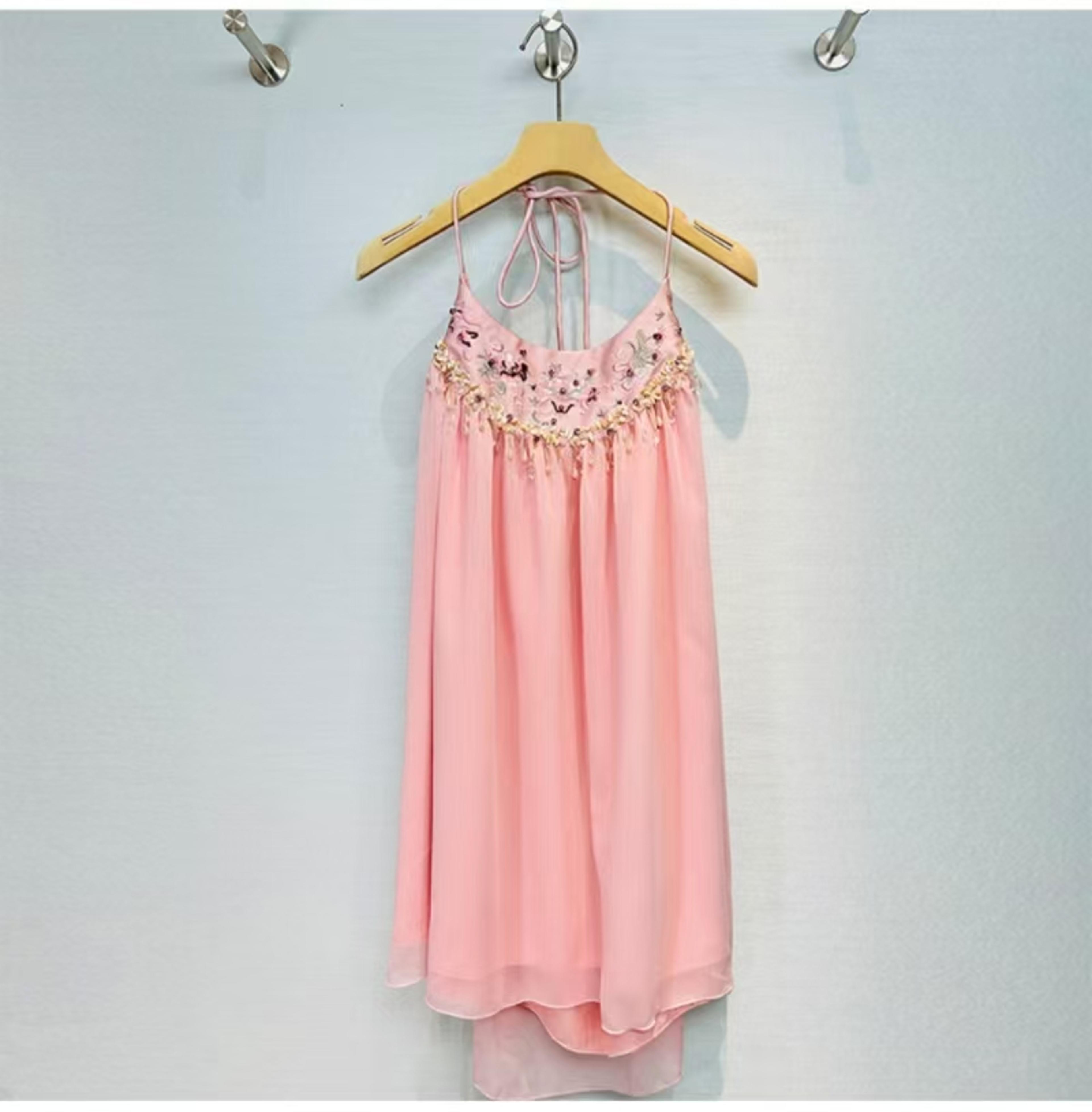 suspender dress, sexy backless pink dress with embroidered beads for travel, spring summer