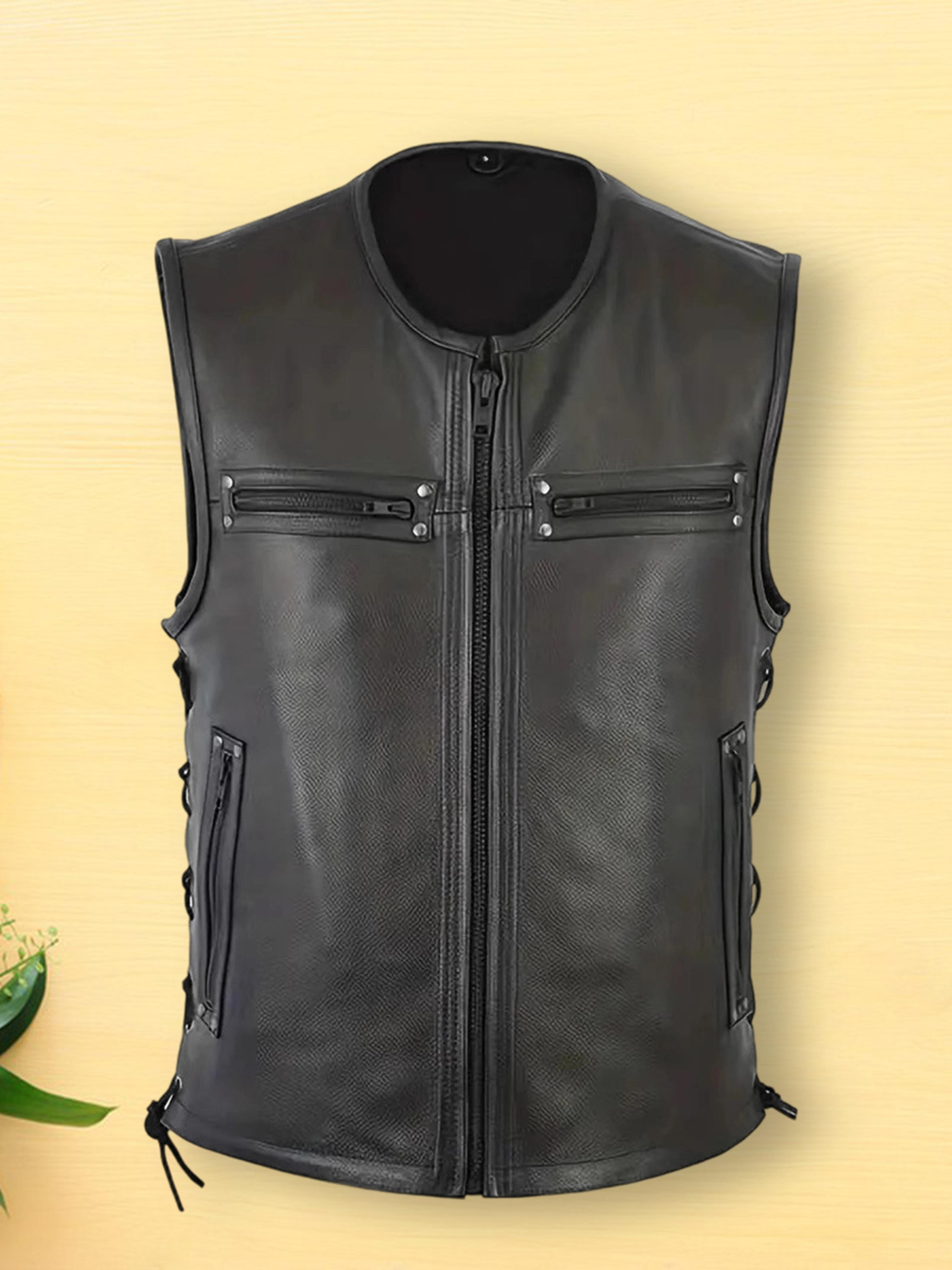 genuine leather biker vest for men, stylish sleeveless jacket, with zipper closure and multiple pockets