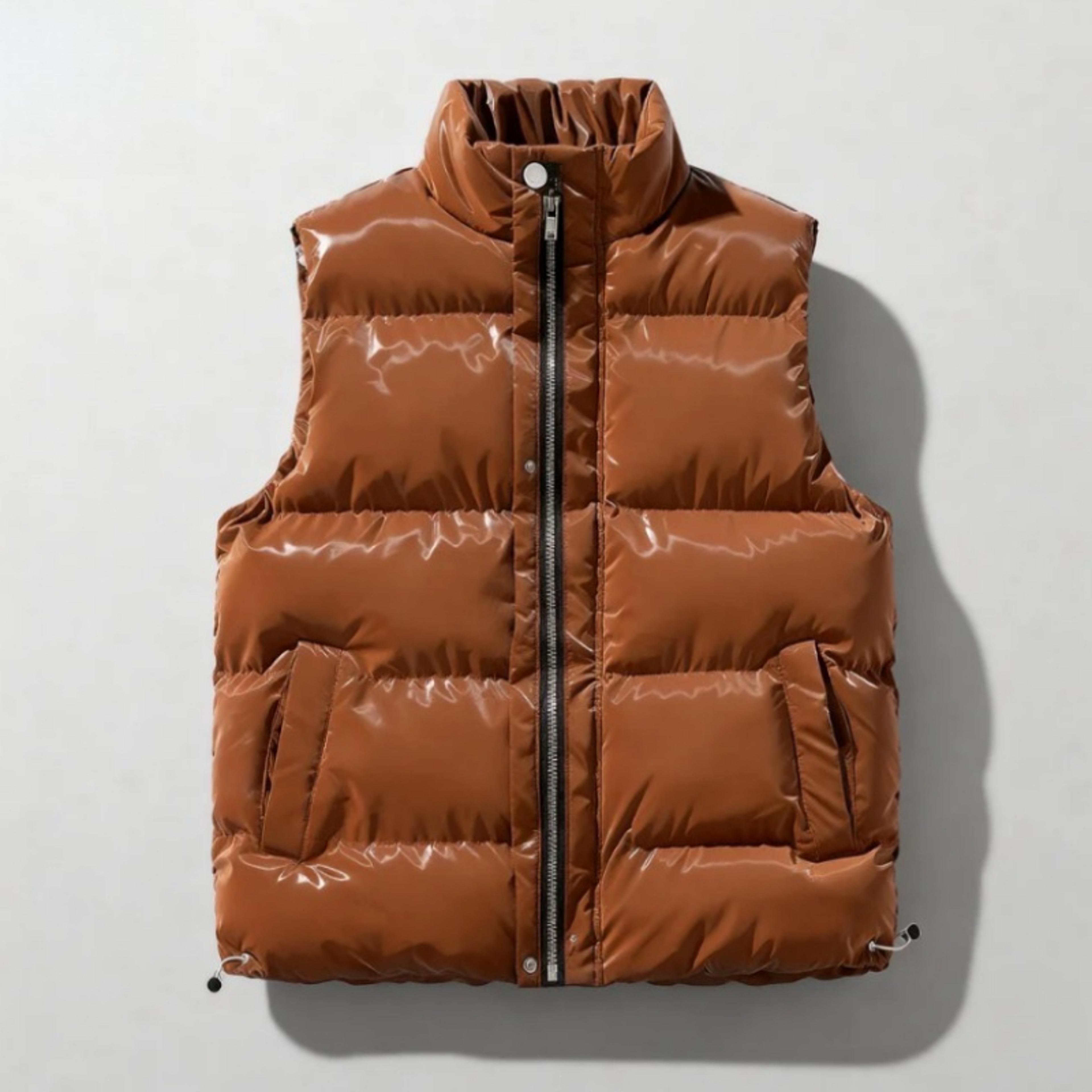 unisex puffer vest, high quality shiny surface, versatile stand collar, warm loose fit for casual wear, autumn winter