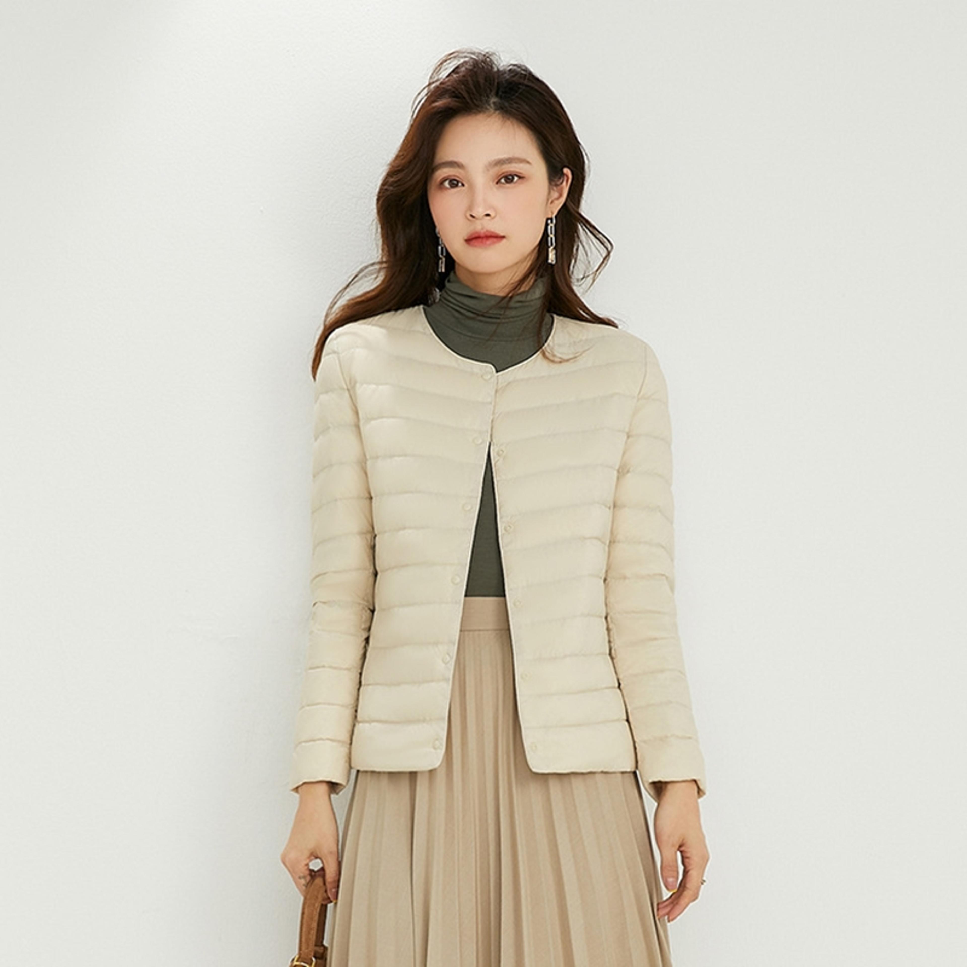 women's ultralight quilted puffer coat, variable v neck, collarless duck down jacket for winter warmth