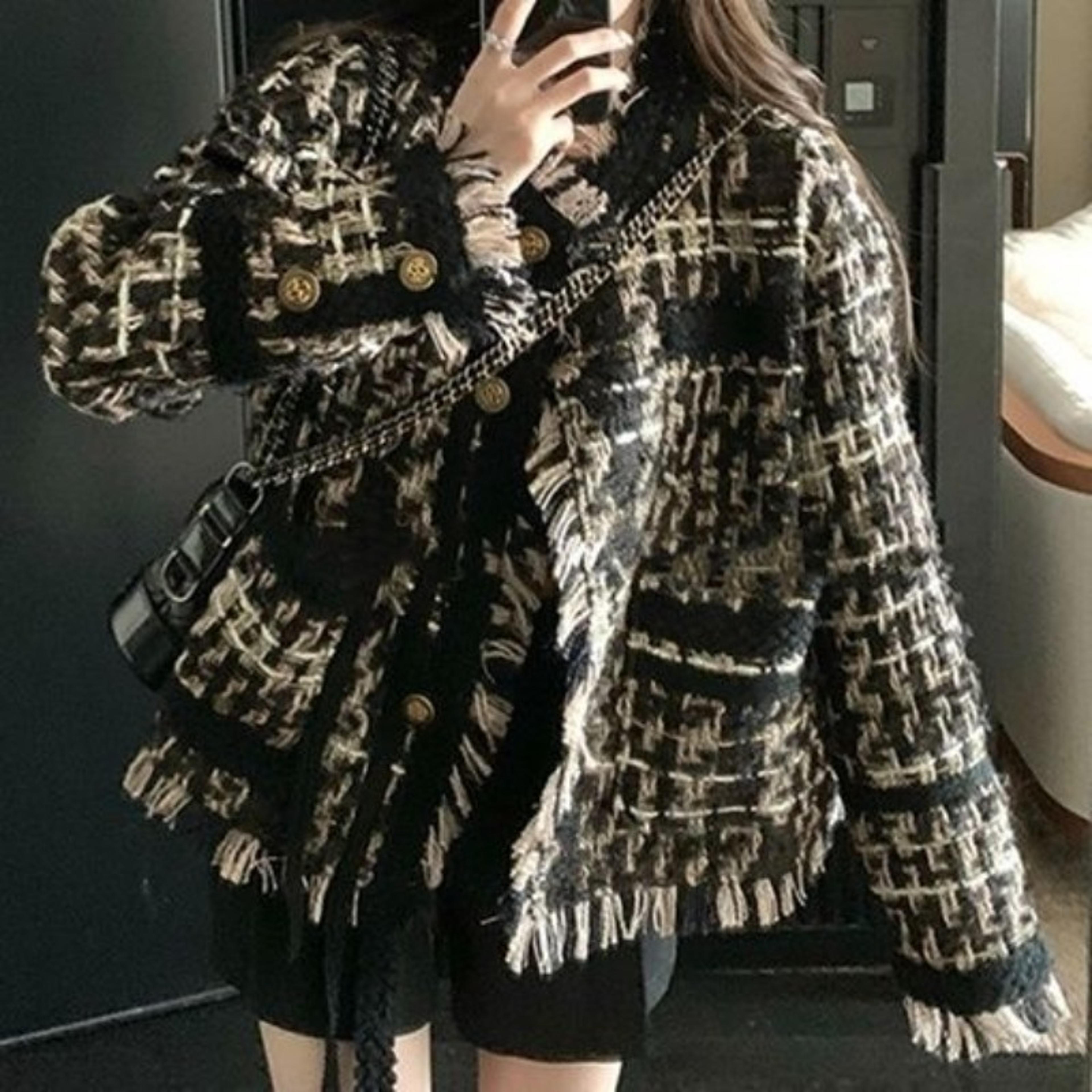 chic tweed jacket, women's plaid blazer with tassel, long sleeve streetwear and office coat for spring autumn