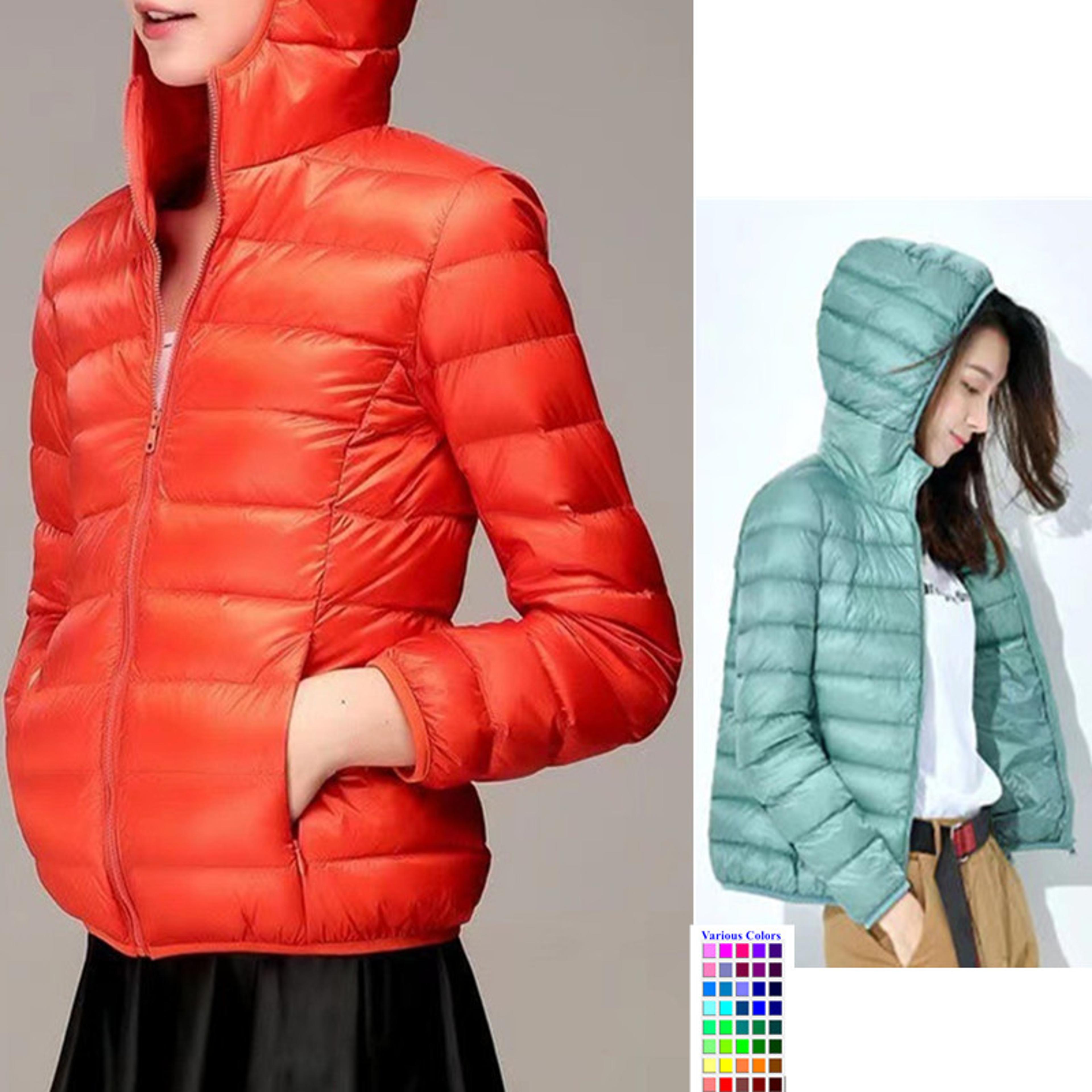 lightweight puffer jacket for women, hooded winter coat, ultra light zipper down jacket, full sleeve parkas