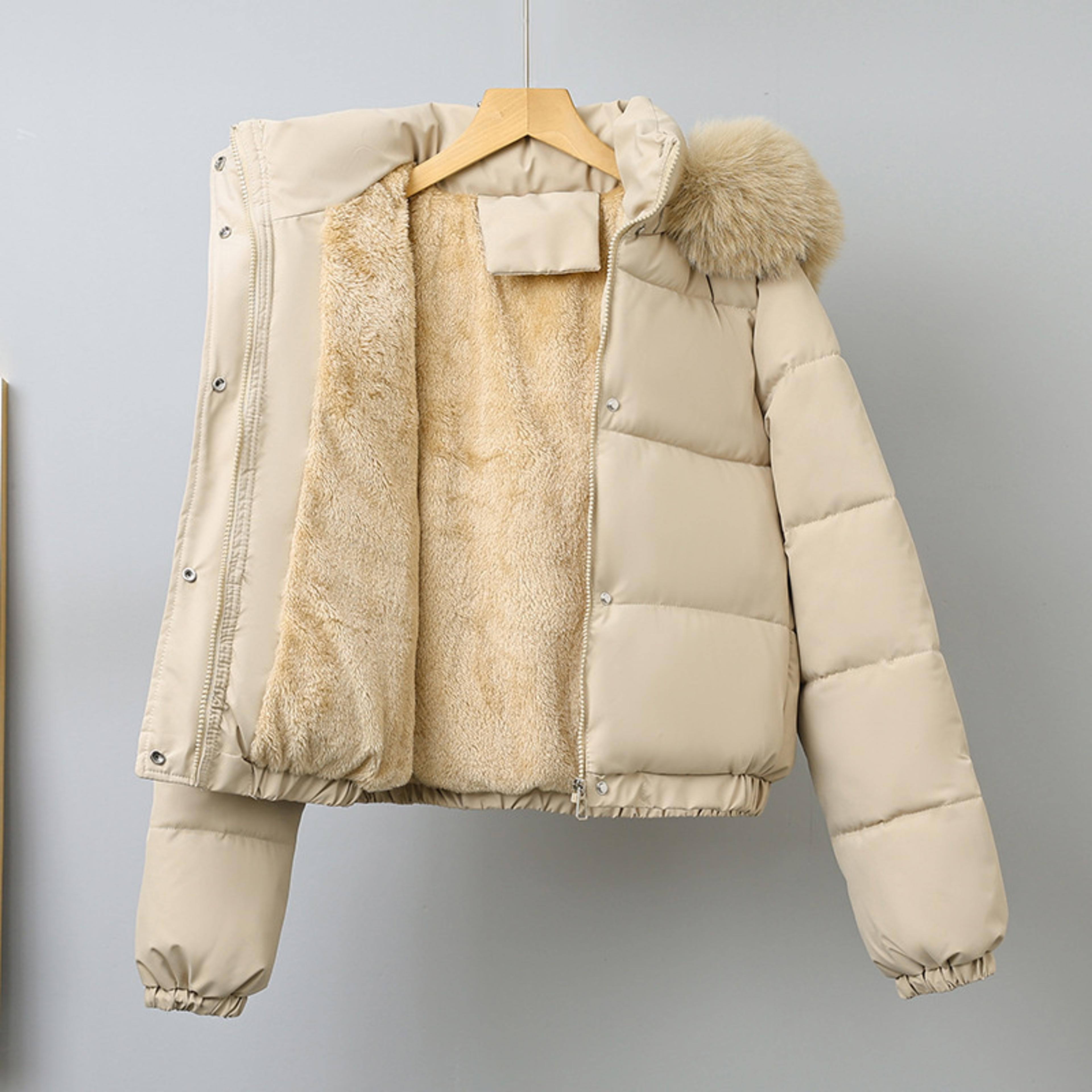 women's short winter parka, with removable fur collar hood, thick velvet cotton padding, warm jacket outerwear coat