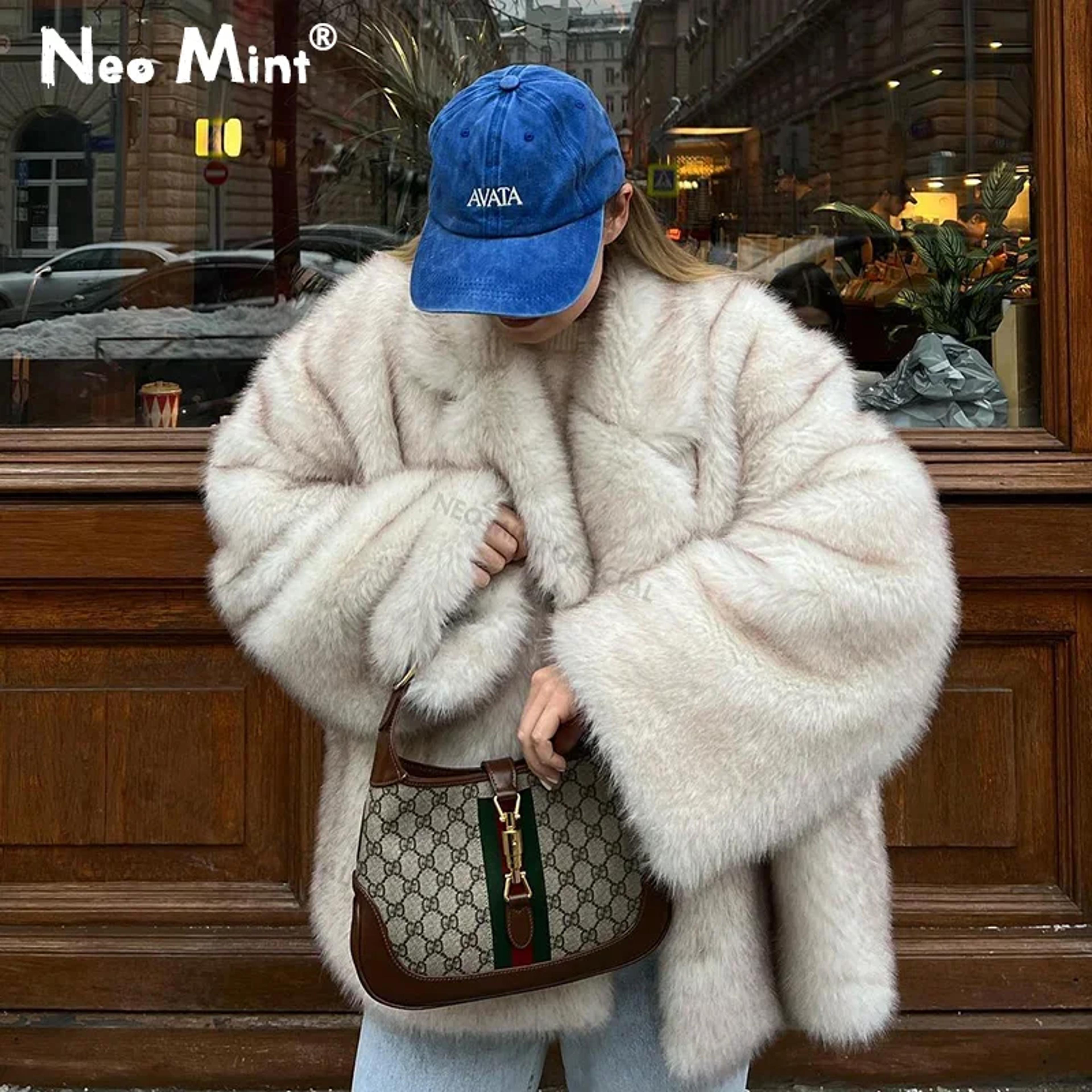 gradient fur coat, neo mint color, thick warm winter jacket, faux fox fur outerwear for women