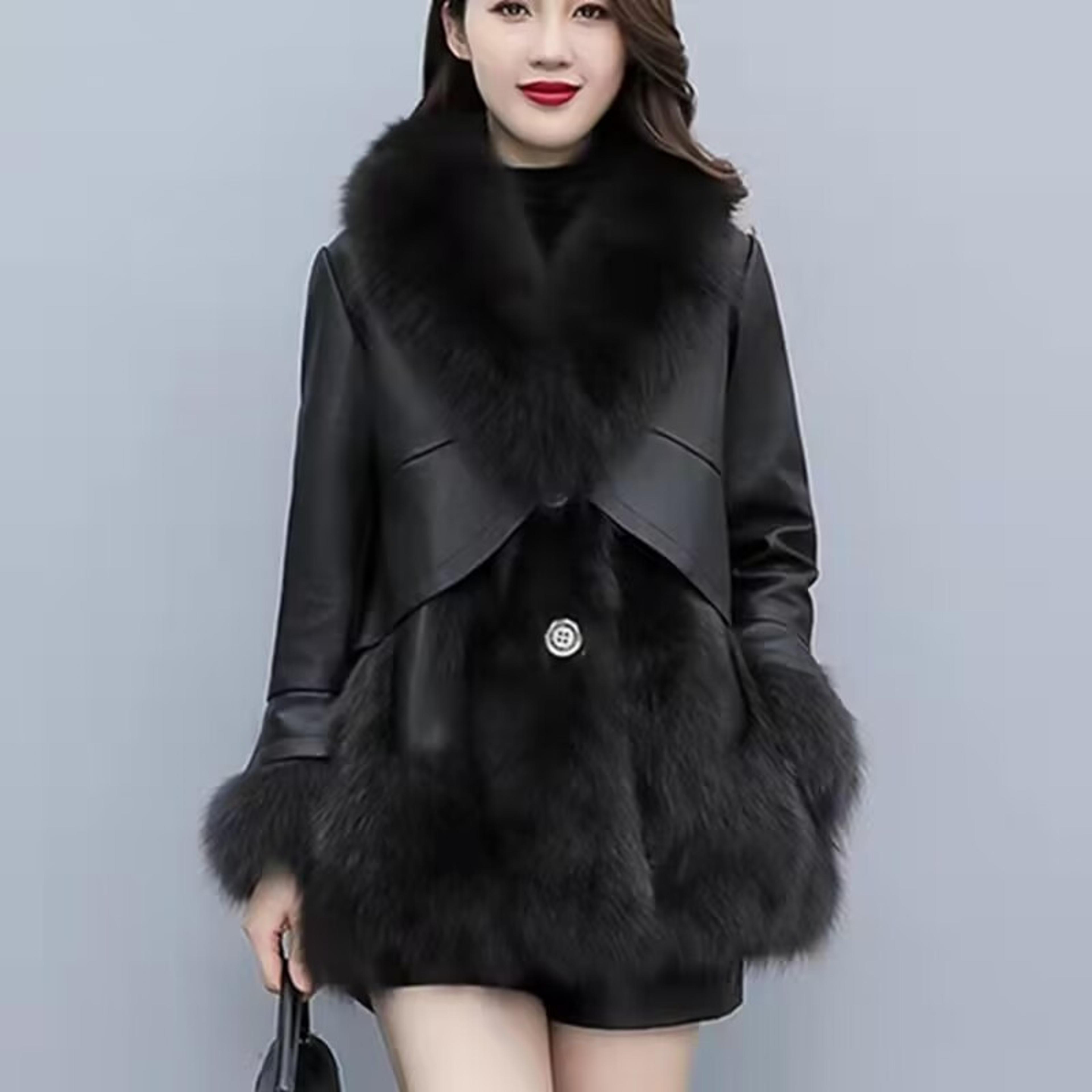 women's mid long faux fur jacket, winter warm coat with pu leather splicing, long sleeve thickened outwear