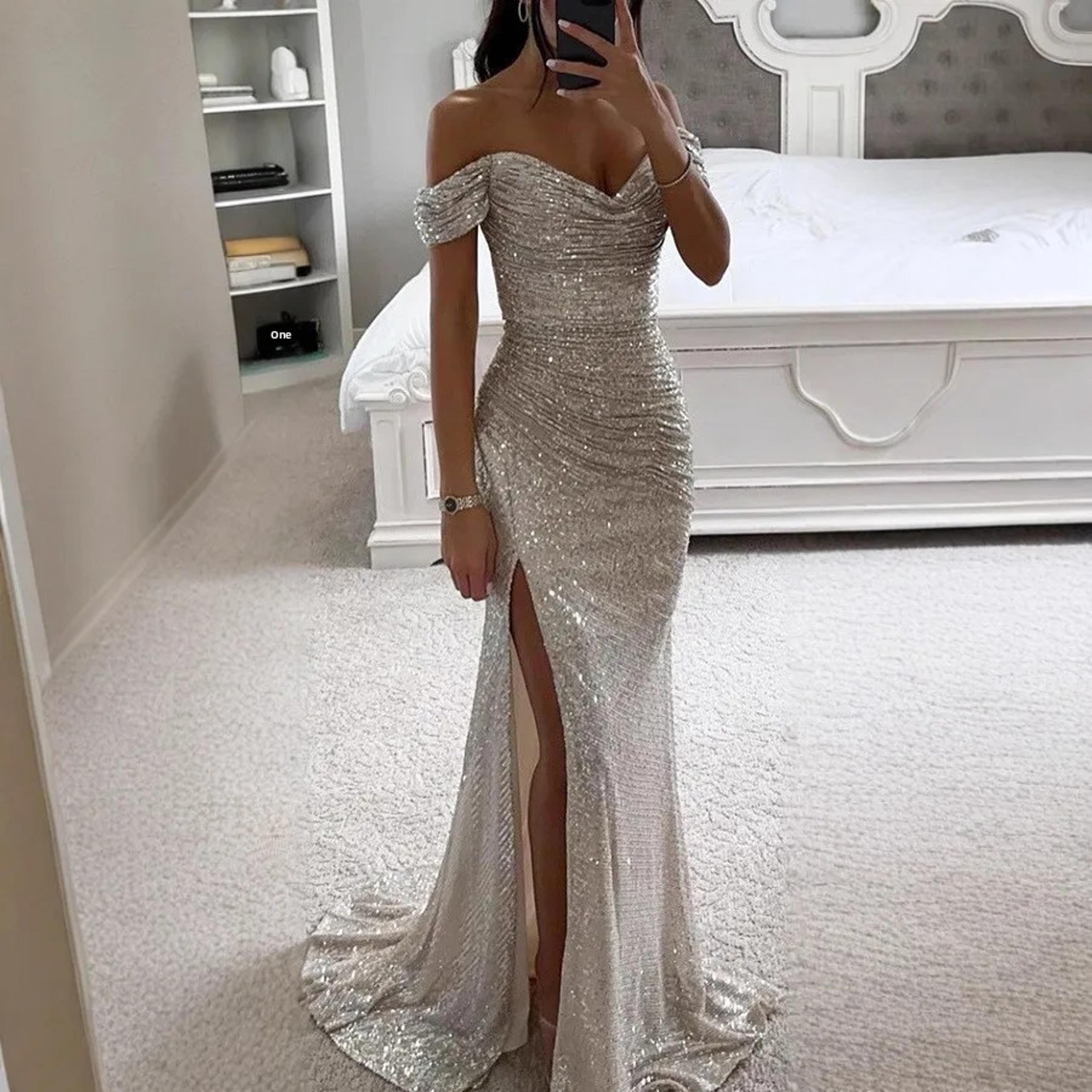 women's one shoulder maxi dress, casual chic party wear, sexy slit, regular waistline, no sleeve
