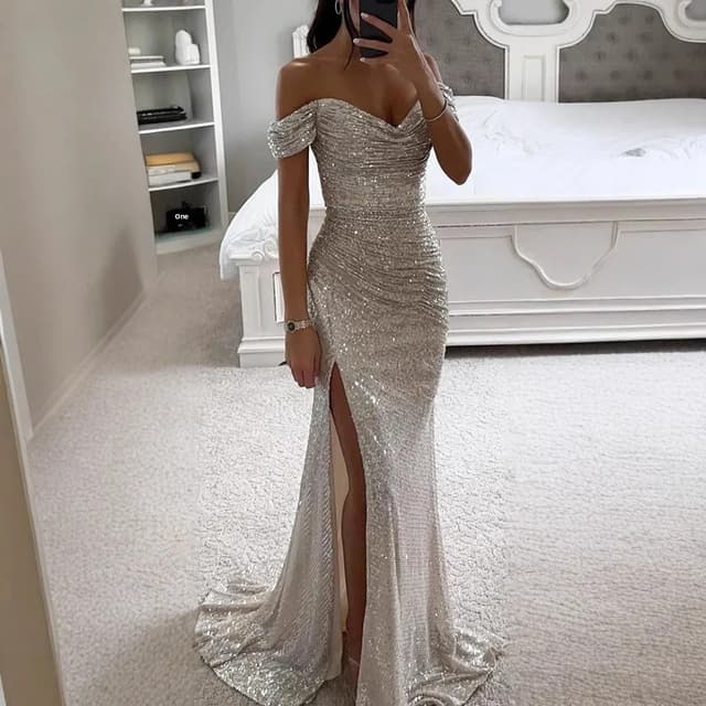 Womens One Shoulder Maxi Dress Casual Chic Party Wear Sexy Slit Regular Waistline No Sleeve 0