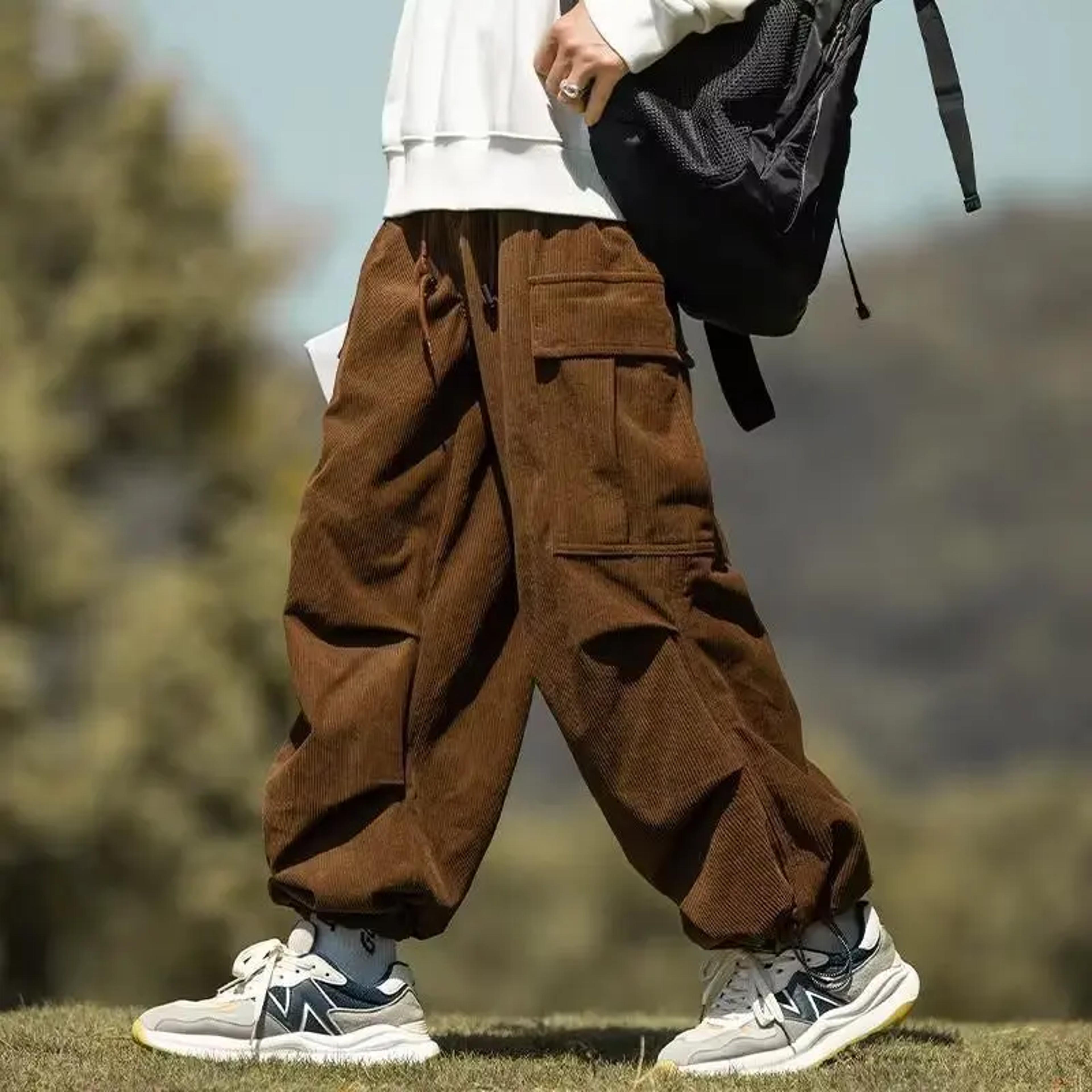 men's vintage brown corduroy pants, loose fit casual ankle pants with drawstring, autumn winter season