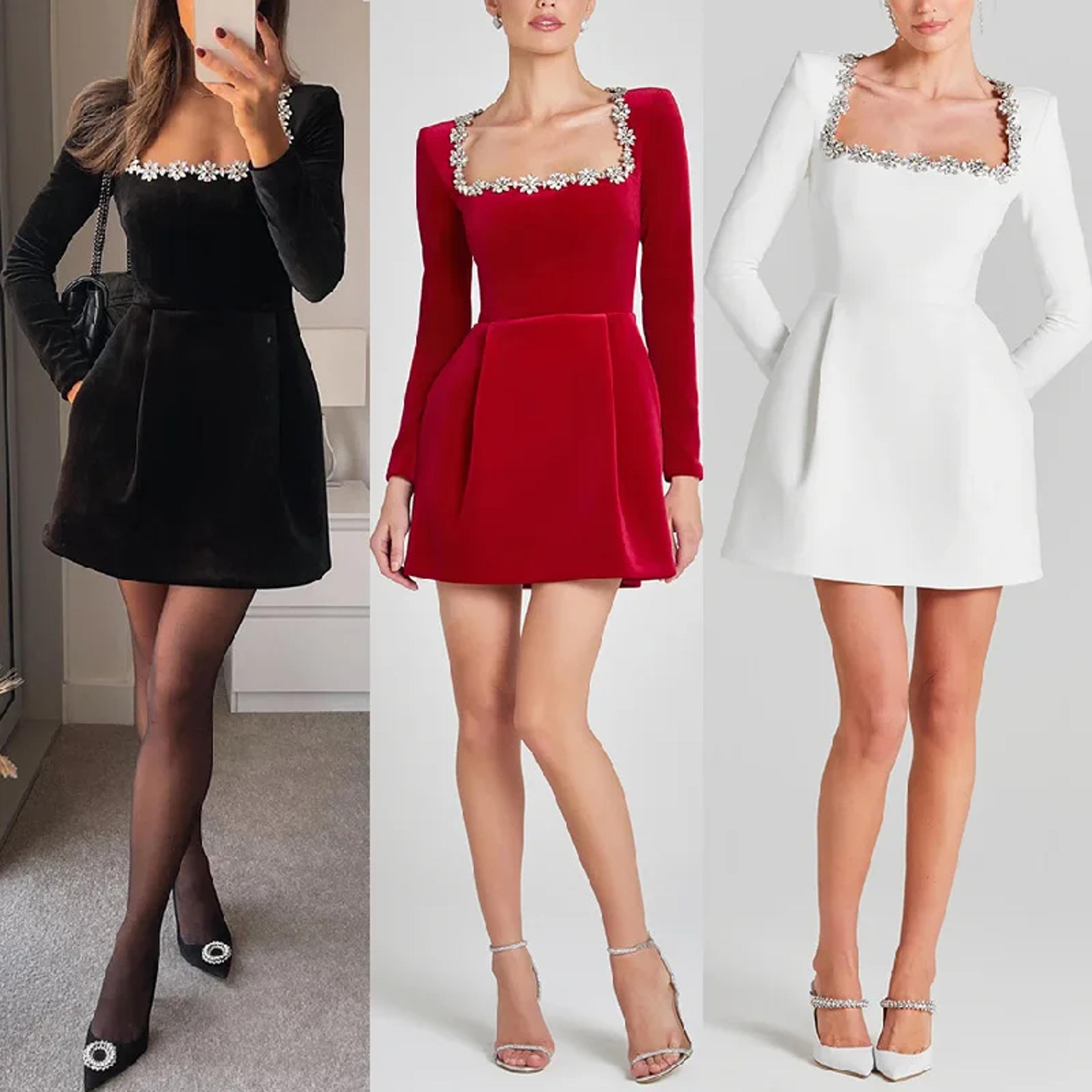 elegant short velvet dress, diamond embellished square neck, women's spring fashion