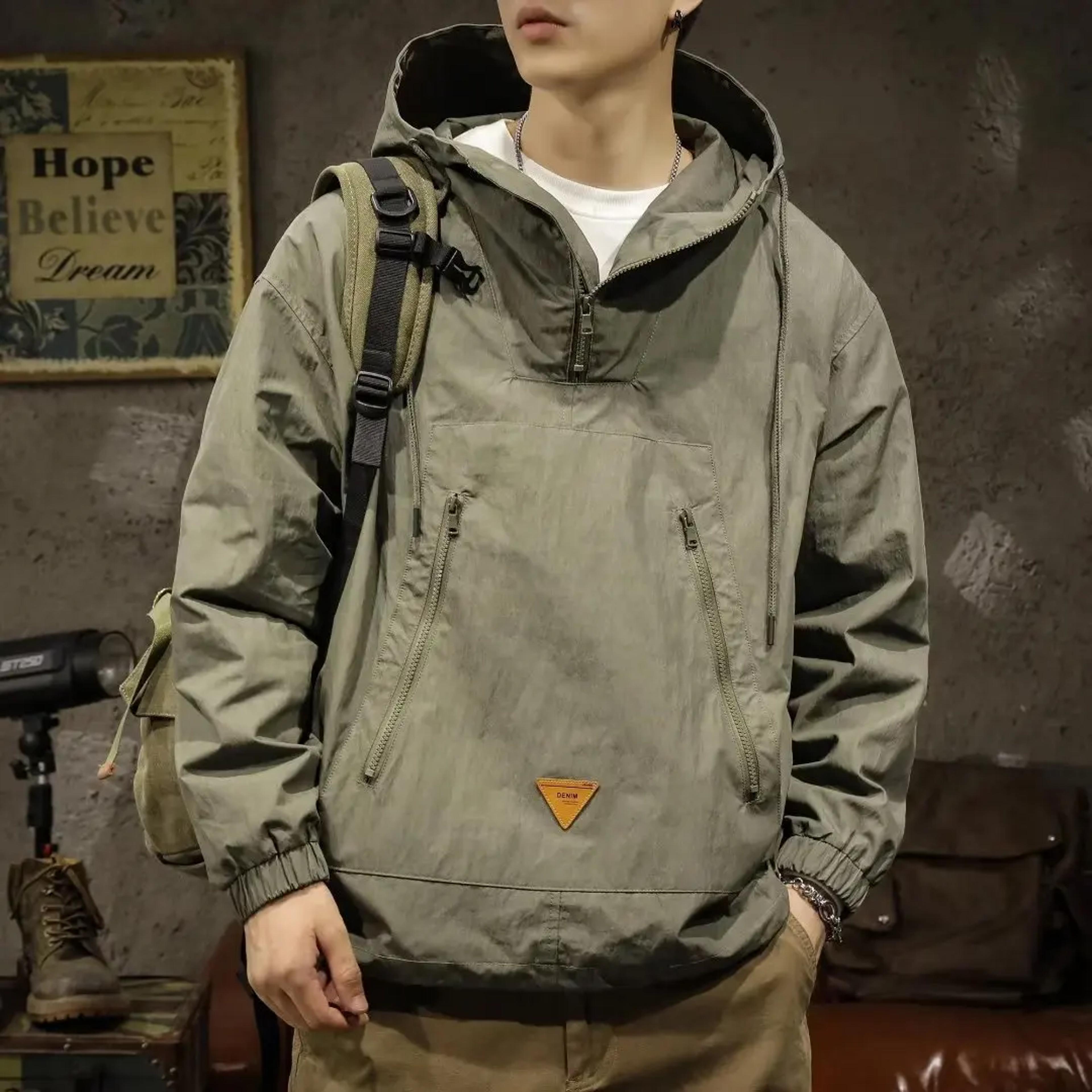 men's outdoor workwear jacket, japanese style hooded punching clothes, loose fit casual half zipper, spring autumn coat