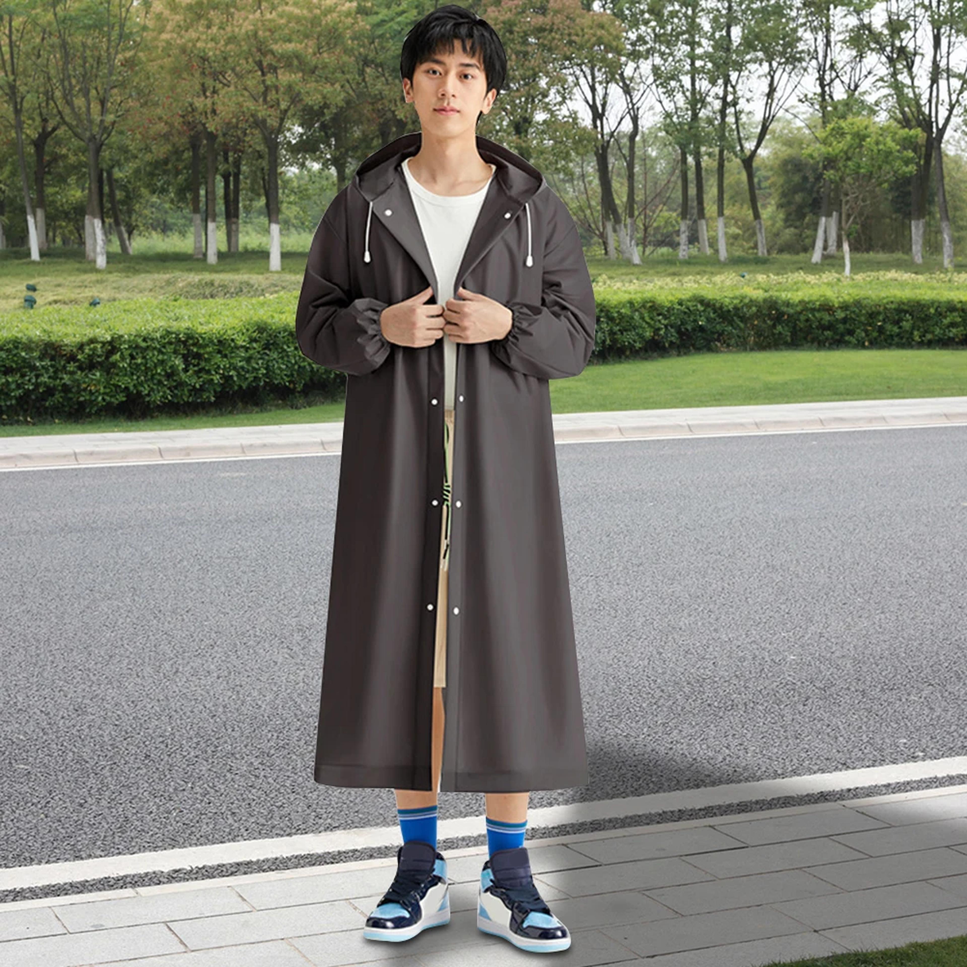 reusable adult long raincoat, waterproof, windproof material, with drawstring for outdoor travel