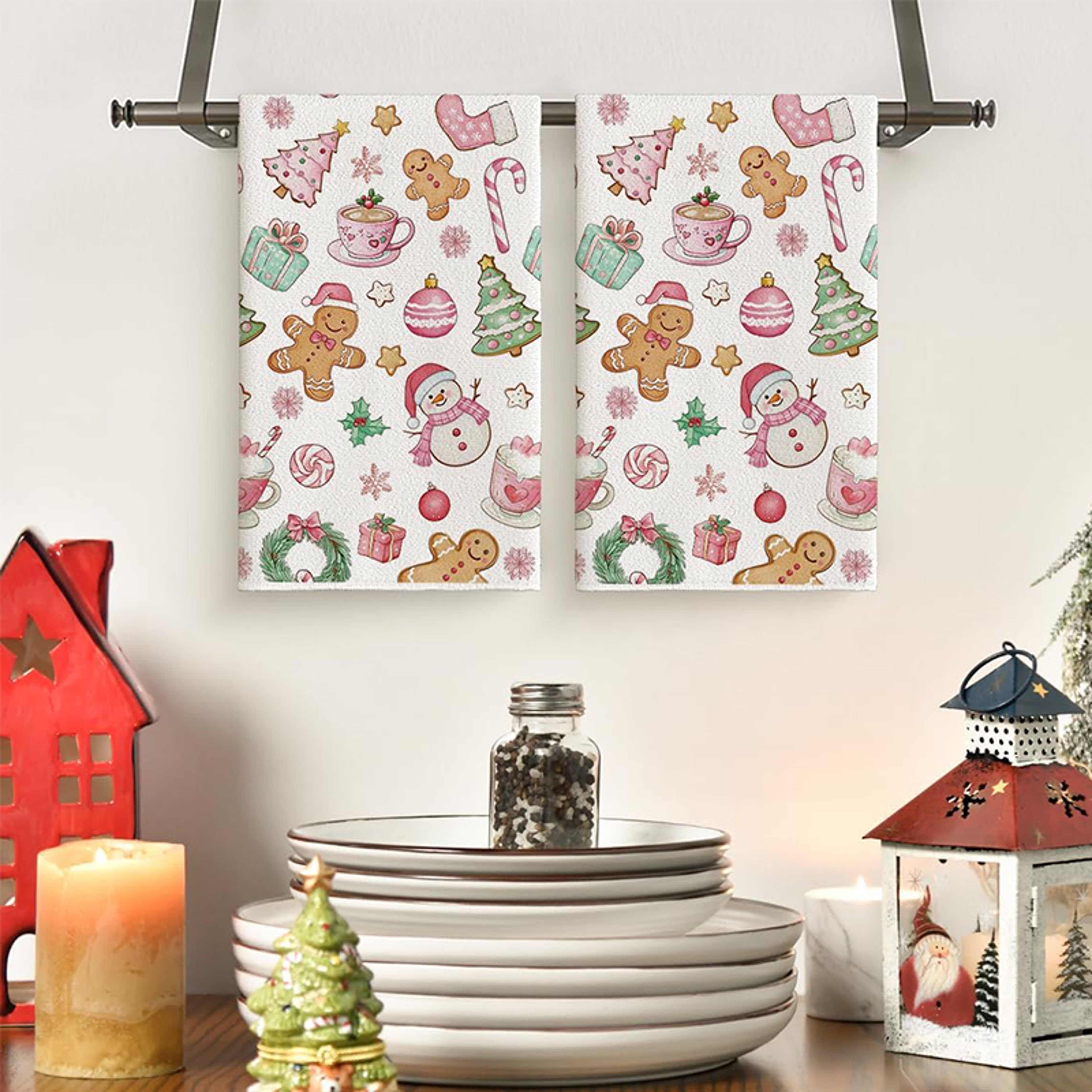 pink snowman christmas kitchen towels, super soft and absorbent, festive holiday dish towels, baking and hand towels