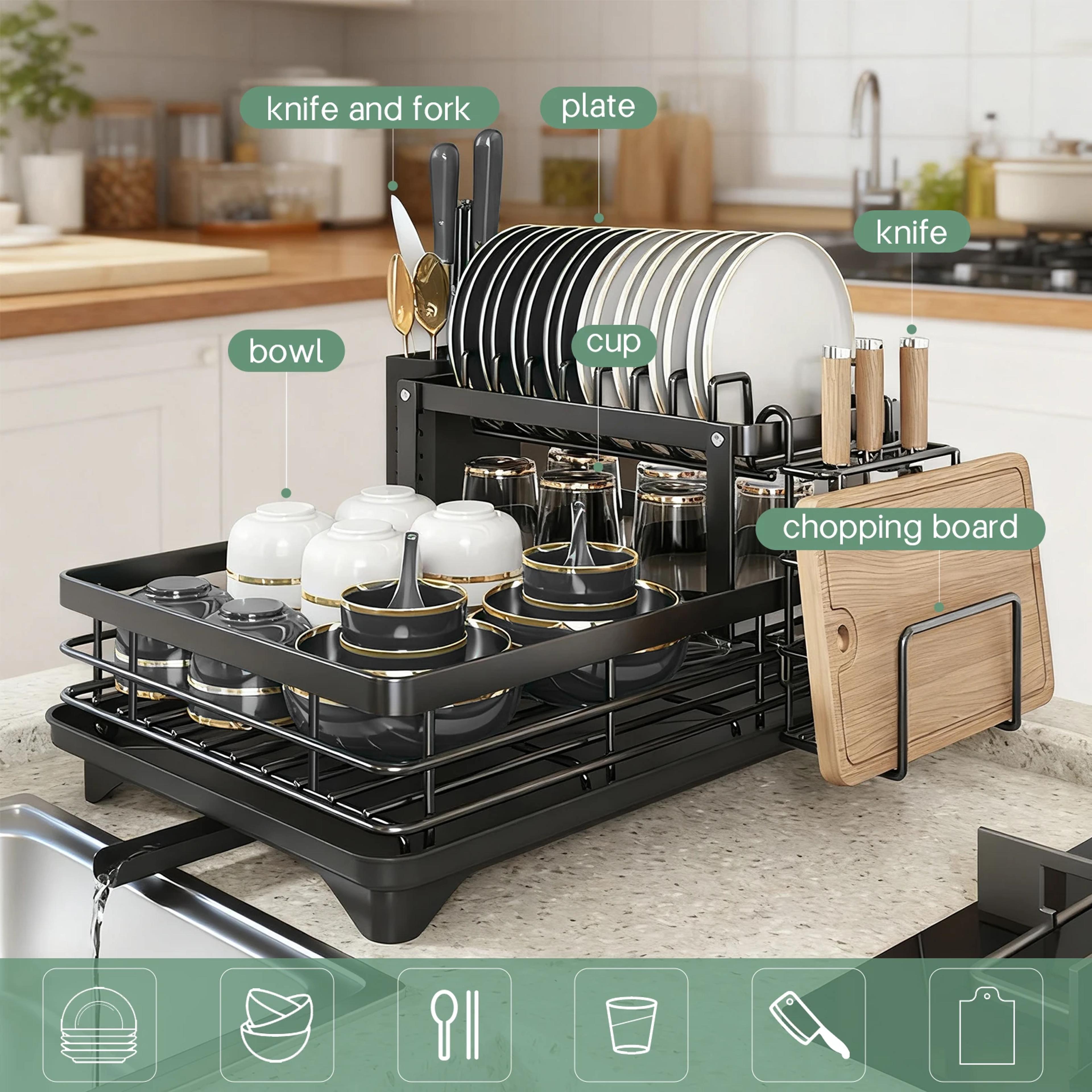 premium tier kitchen dish rack with drainboard space saving countertop dish drying rack & cutlery holder