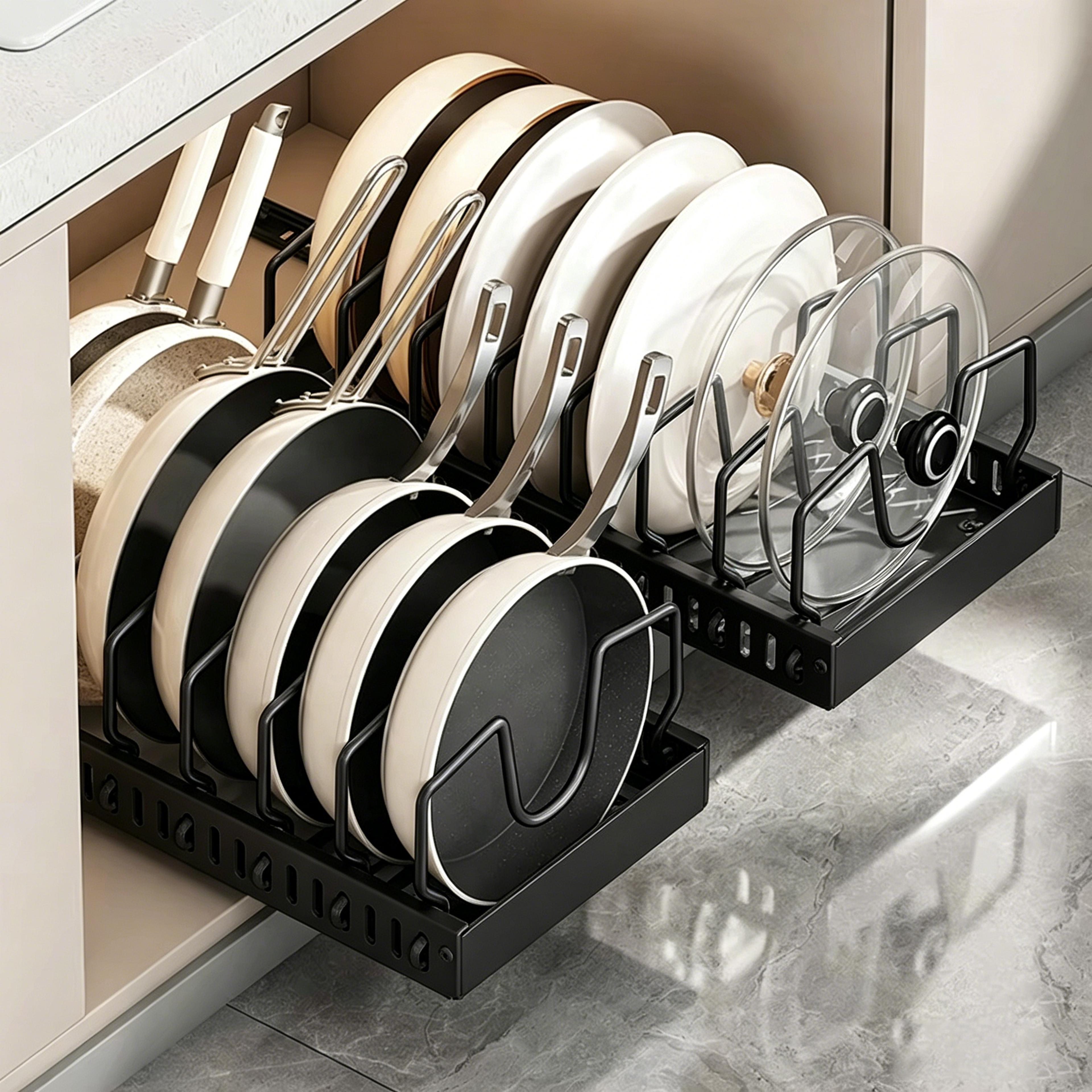 slideease pull-out pots and pans organizer with adjustable dividers for kitchen cabinets