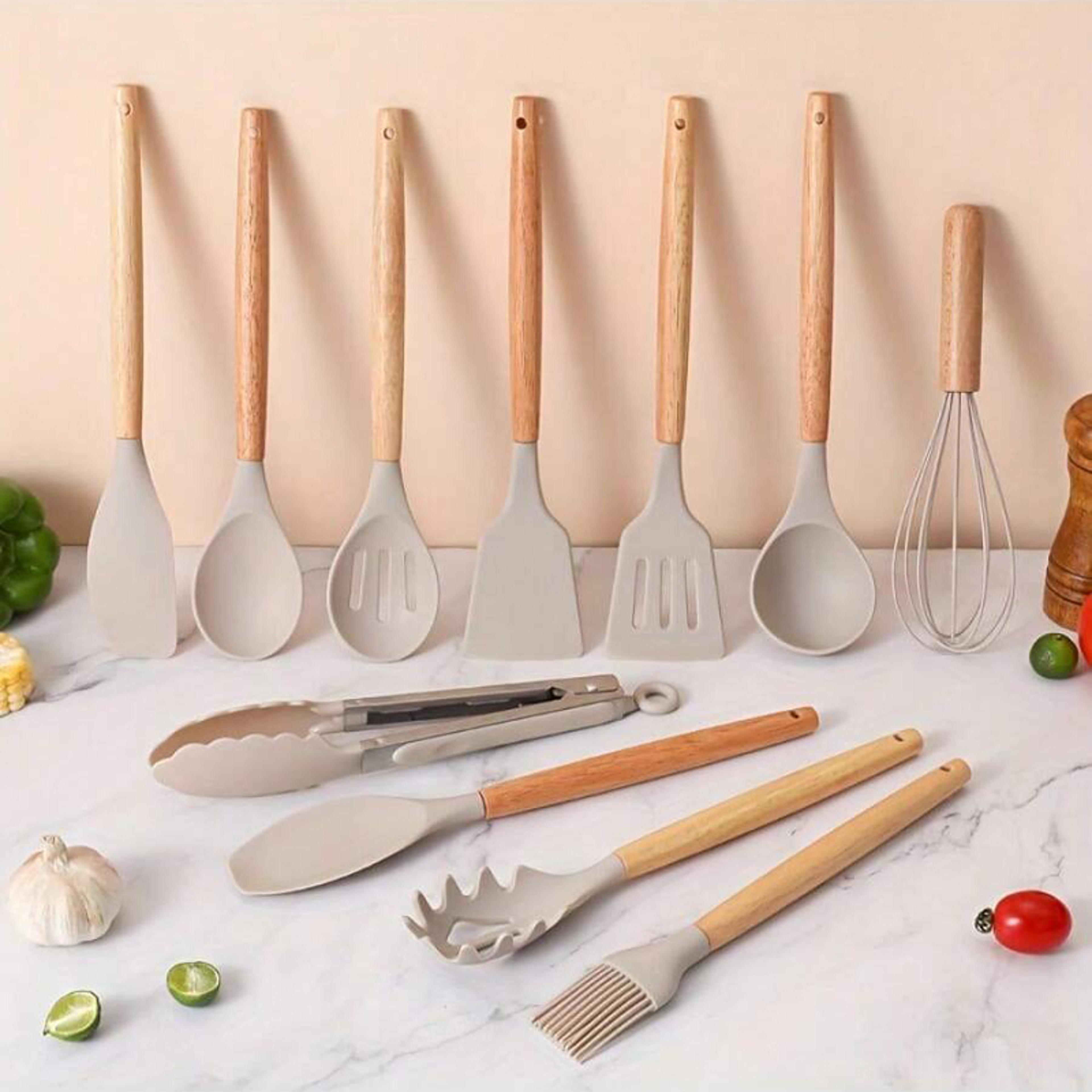 premium silicone kitchen utensil set with wooden handles heat resistant non stick cookware tools