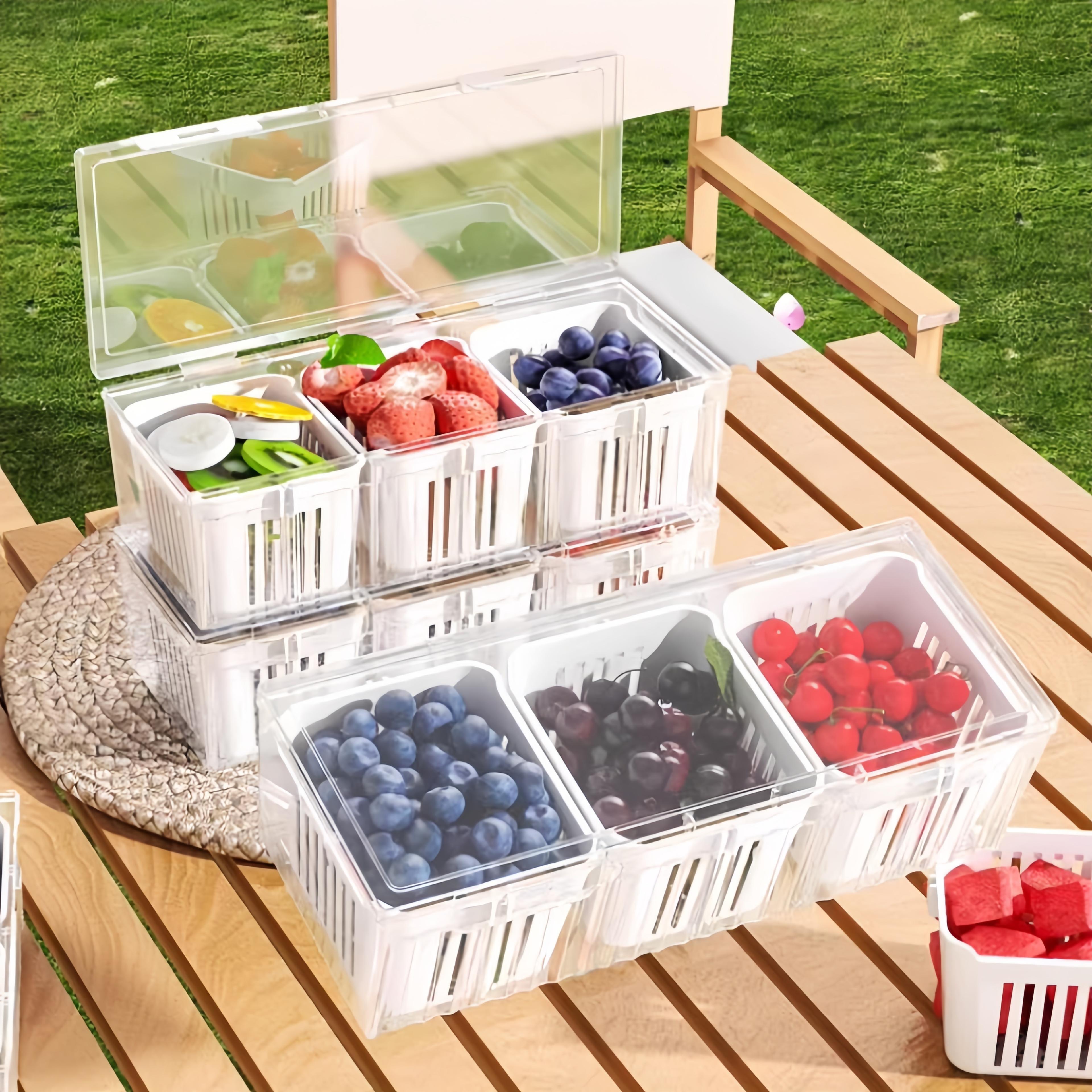 1 set of kitchen refrigerator accessories with a lid, food storage container, with 3 transparent square detachable compartment d