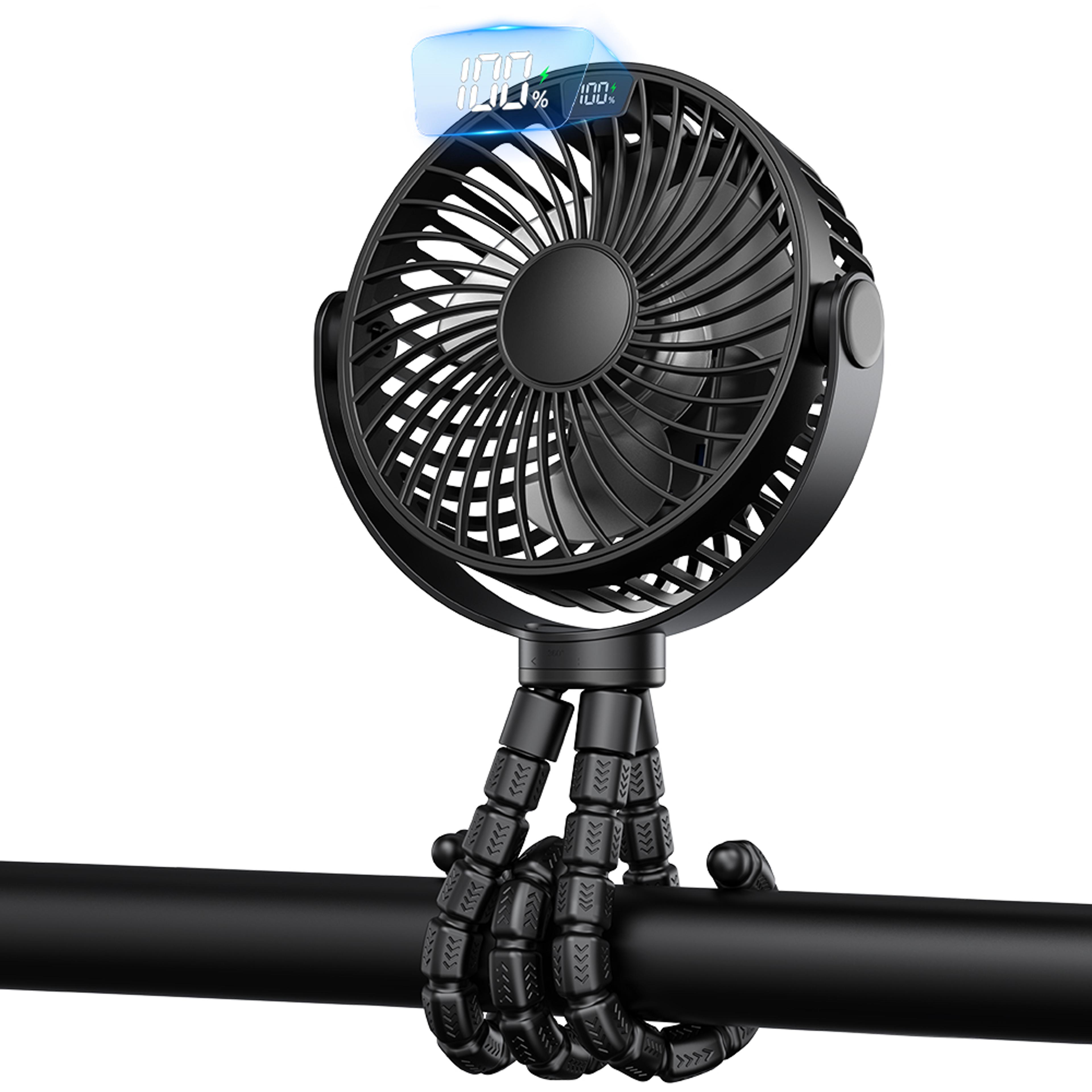 rechargeable stroller fan usb portable clip on led display speed rotation quiet cooling fan
