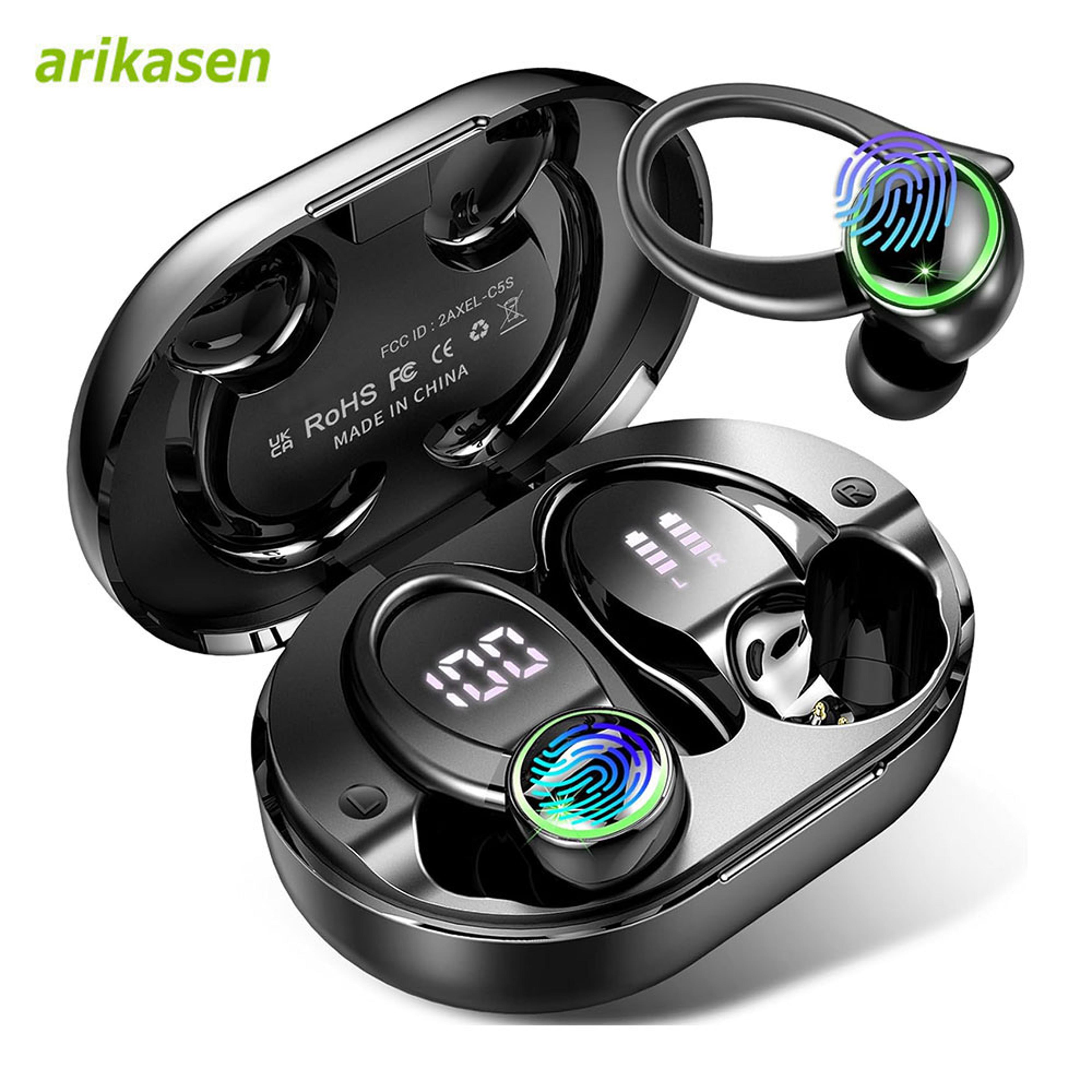 bluetooth noise cancelling over ear earbuds with enc mic earhooks battery led display