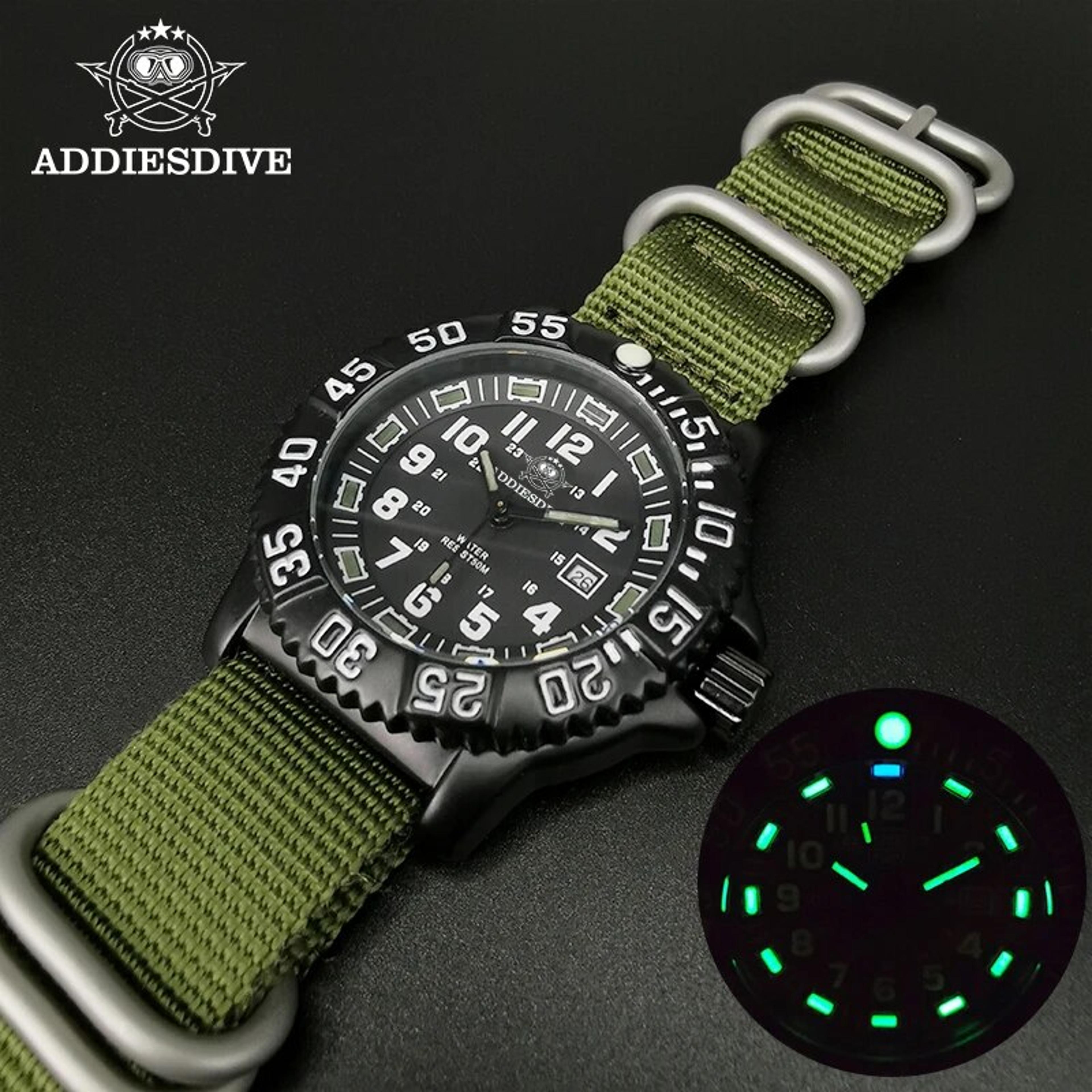 addiesdive tactical luminous military watch waterproof quartz sports watch for men