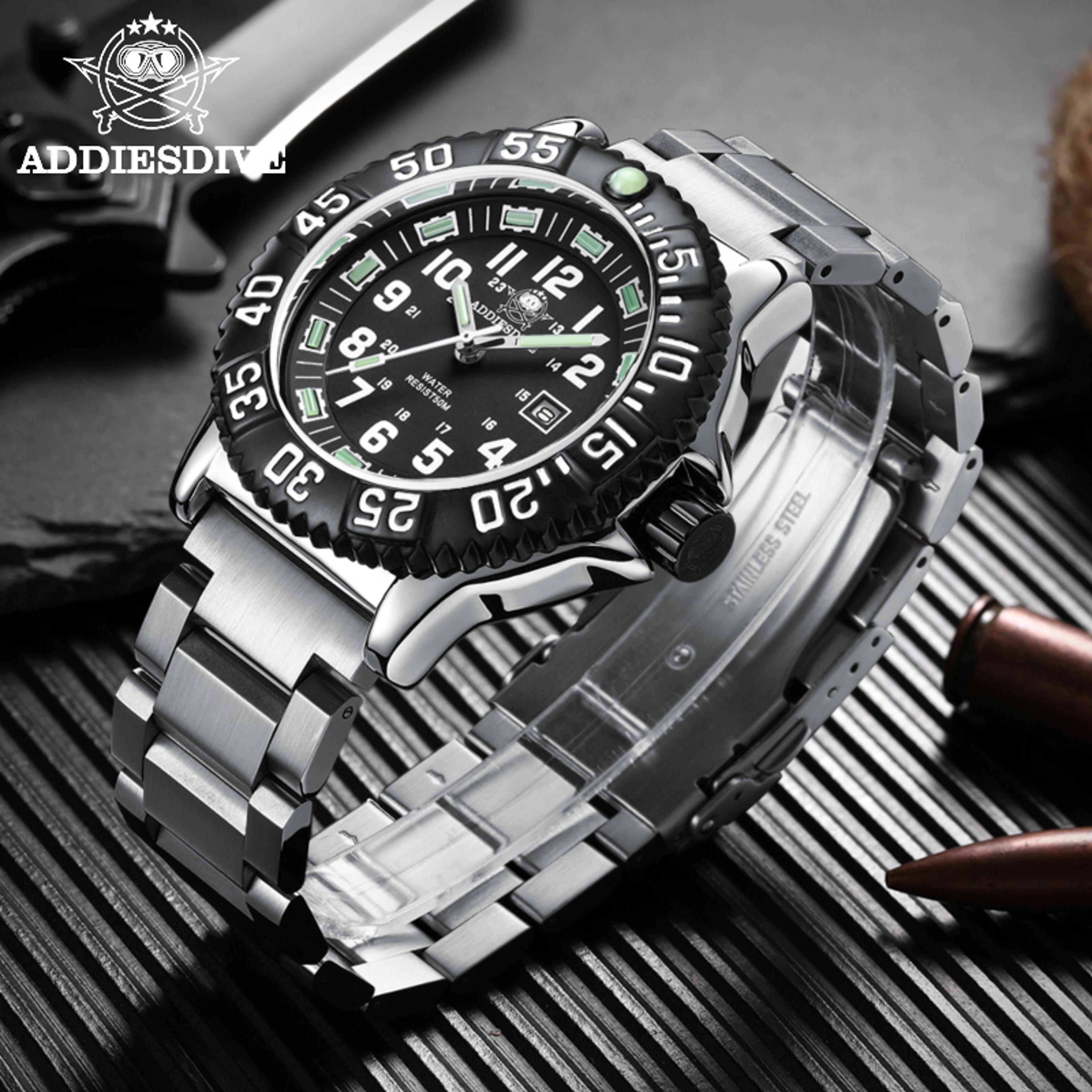 addiesdive luminous diver quartz watch waterproof stainless steel sports watch
