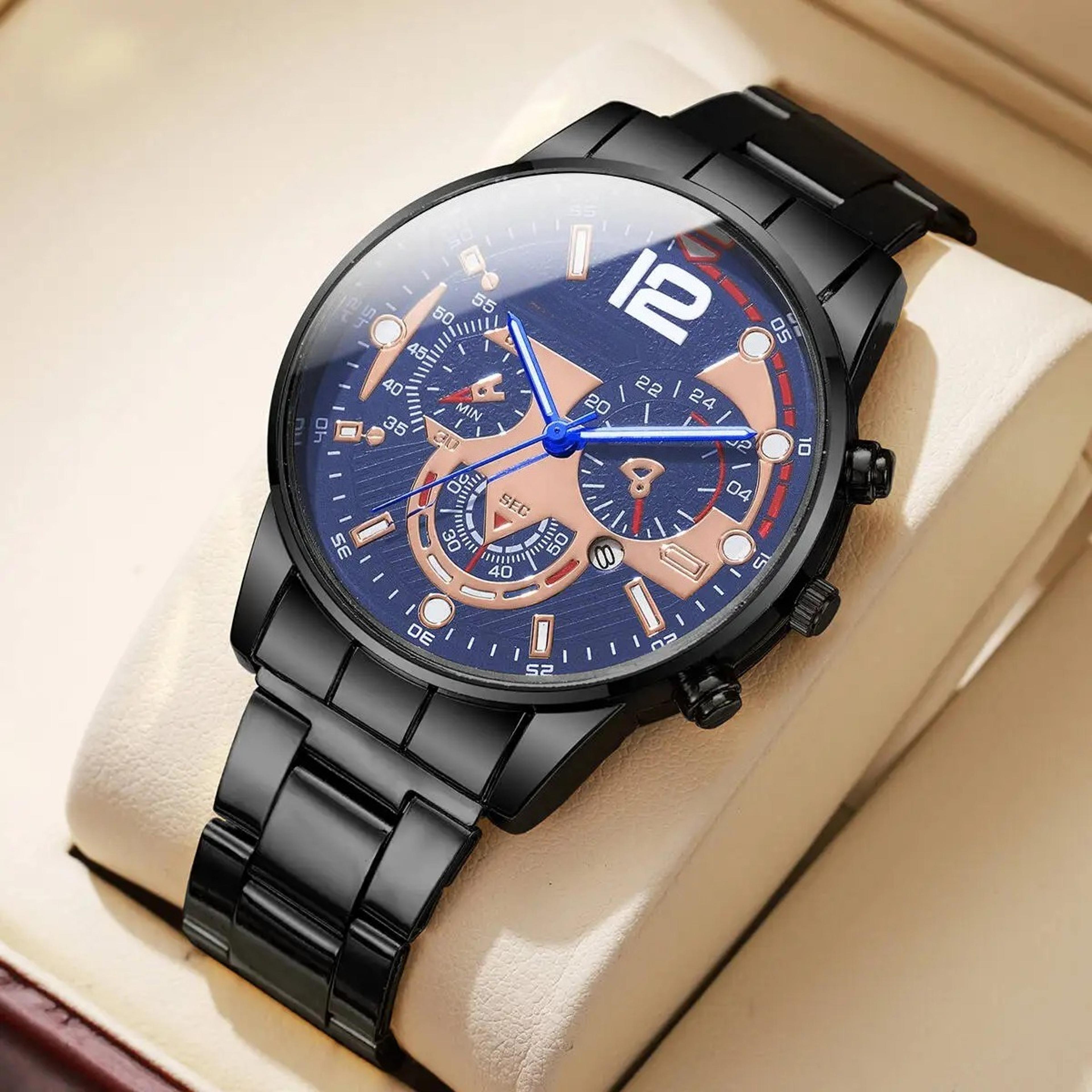prestige three dial quartz business watch with calendar for men