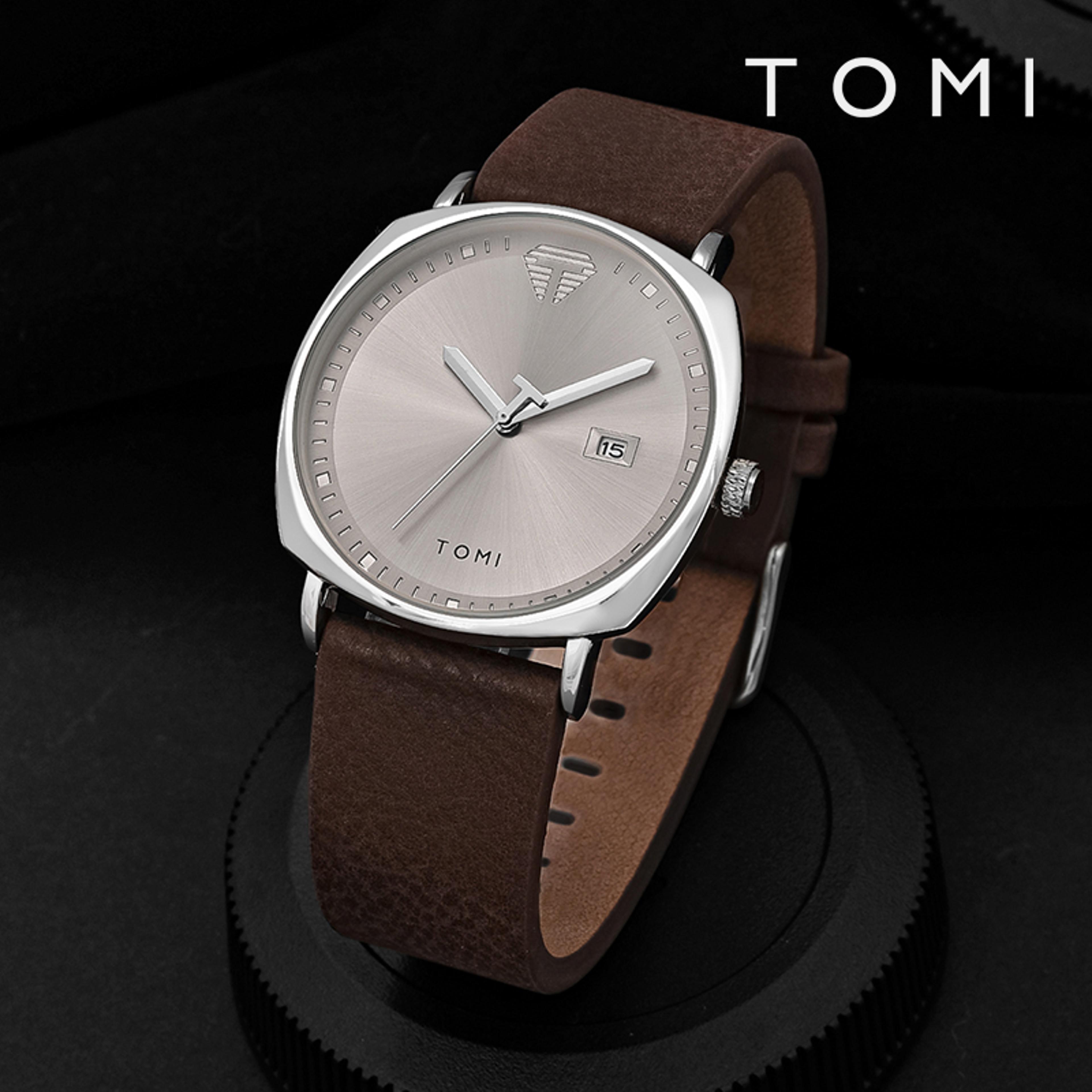 tomi minimalist leather quartz watch for men with calendar display