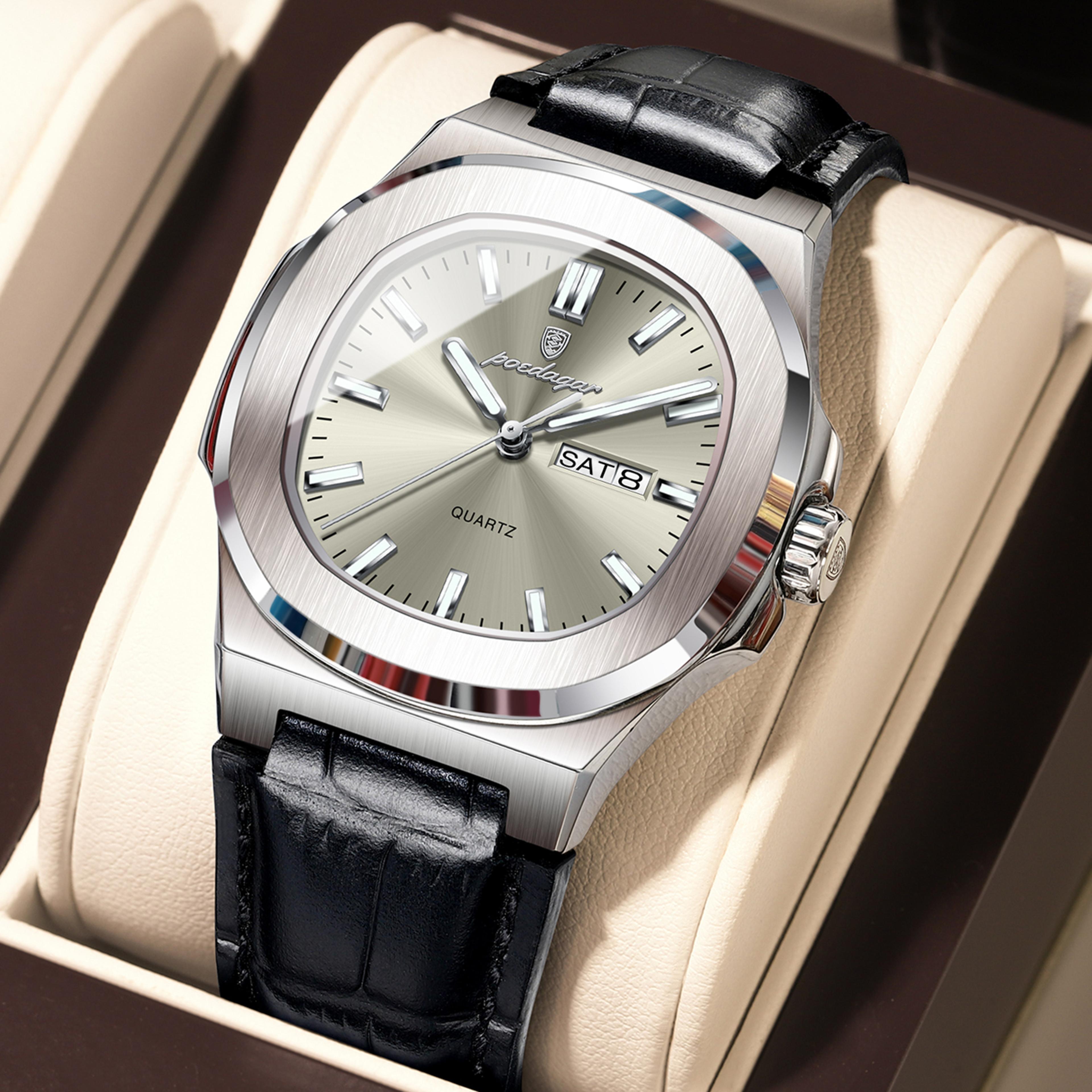 poedagar executive leather men business watch with luminous date display