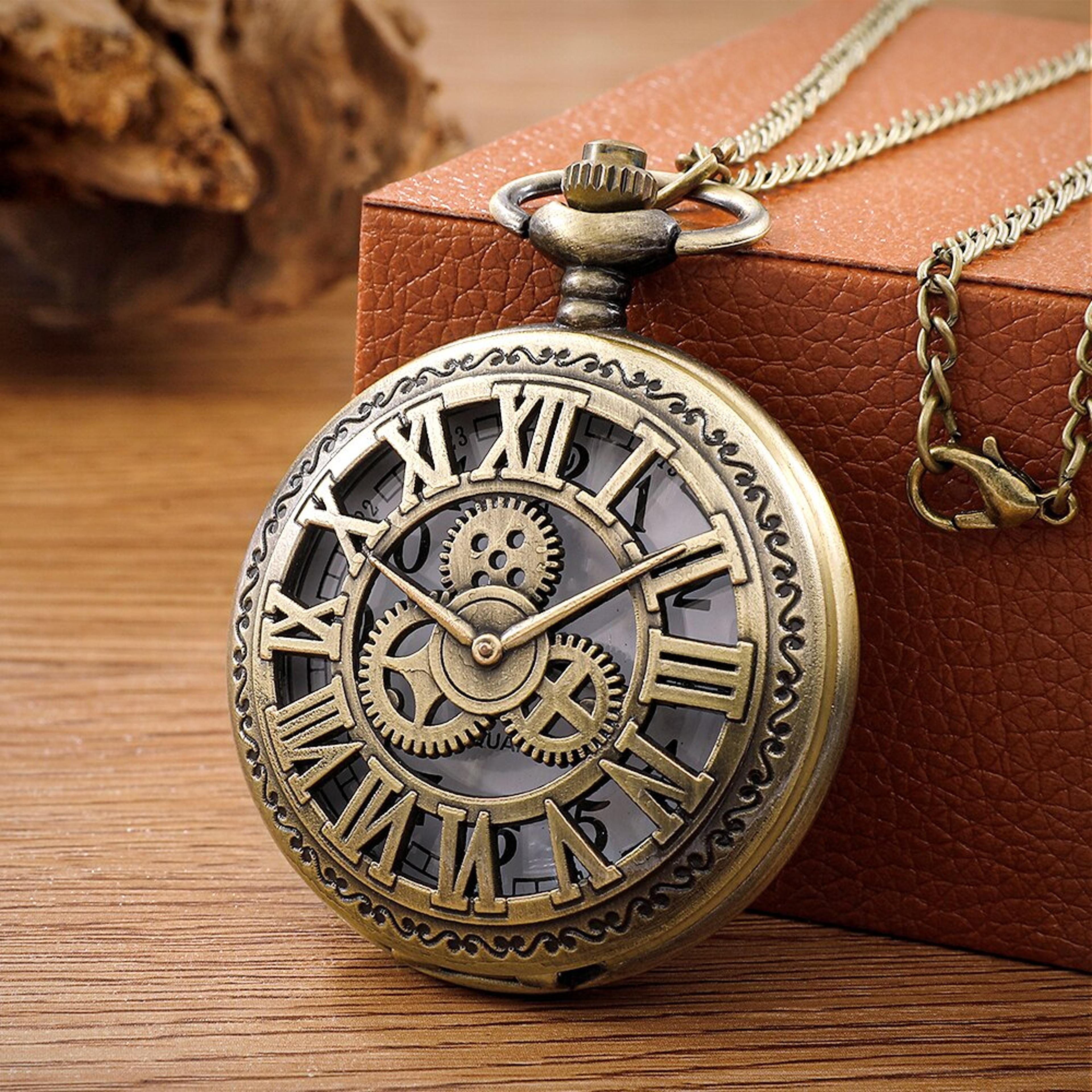 steampunk vintage pocket watch necklace with roman numerals quartz movement