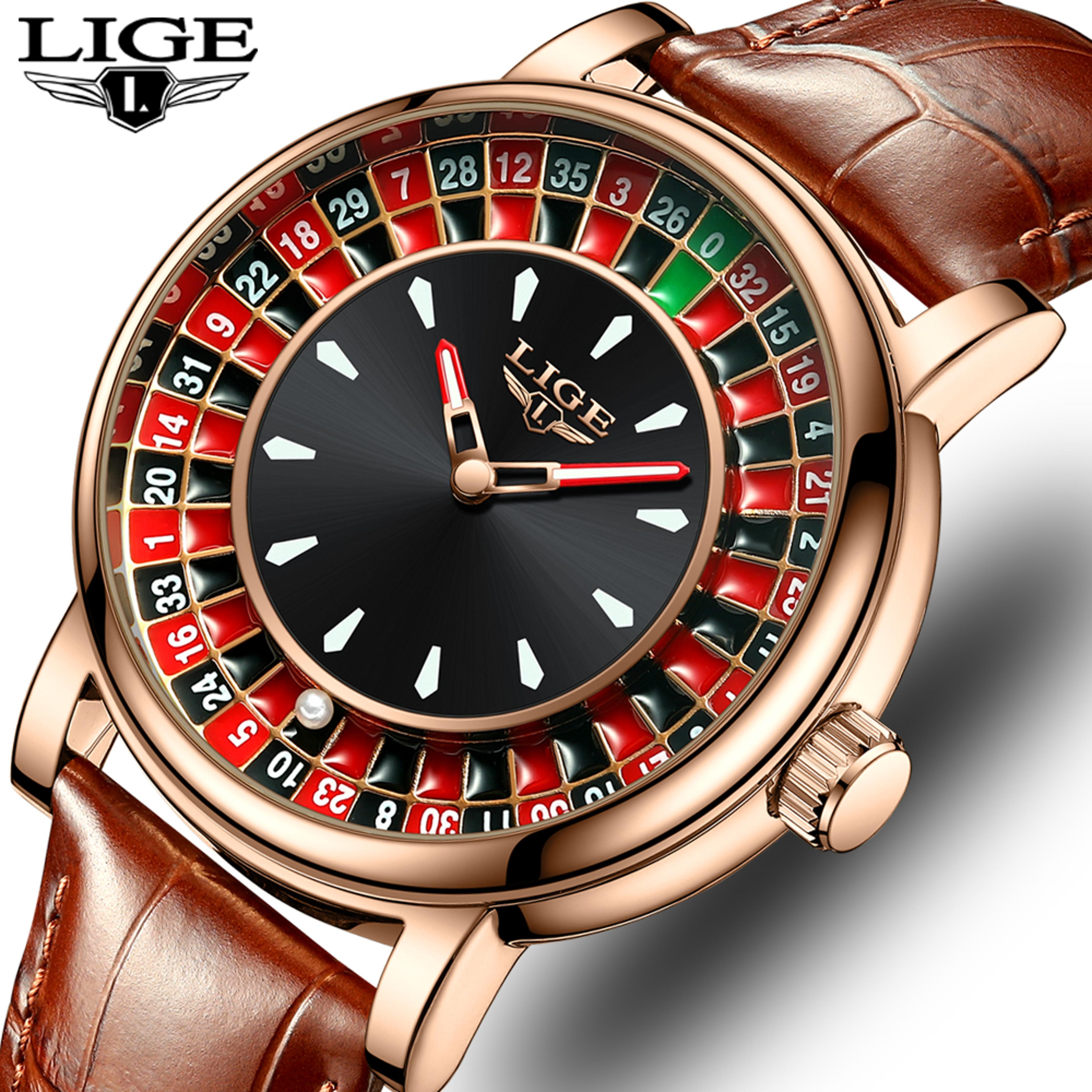 lige roulette dial men watch waterproof luminous leather casino watch