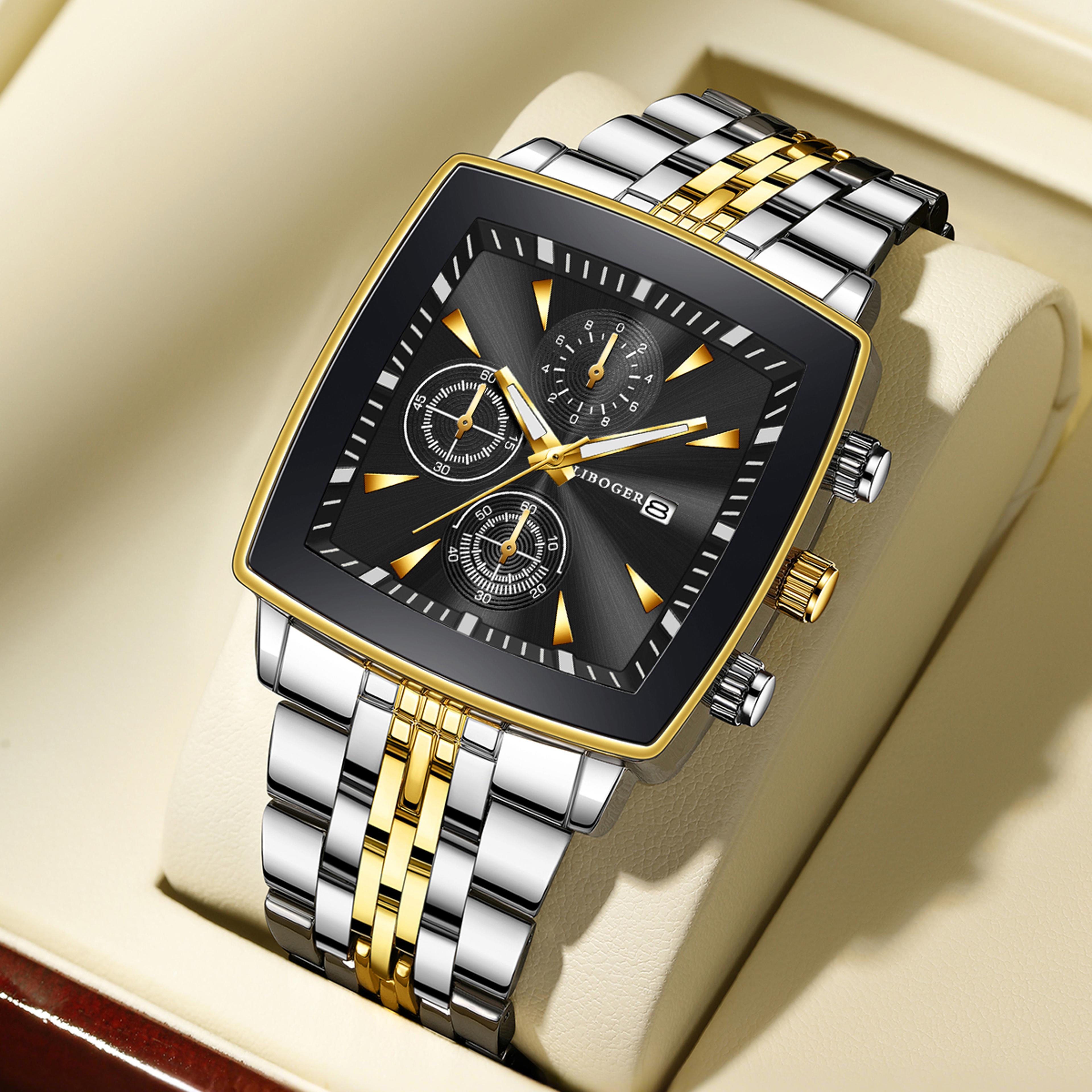 prestige square business quartz watch for men with stainless steel band & calendar