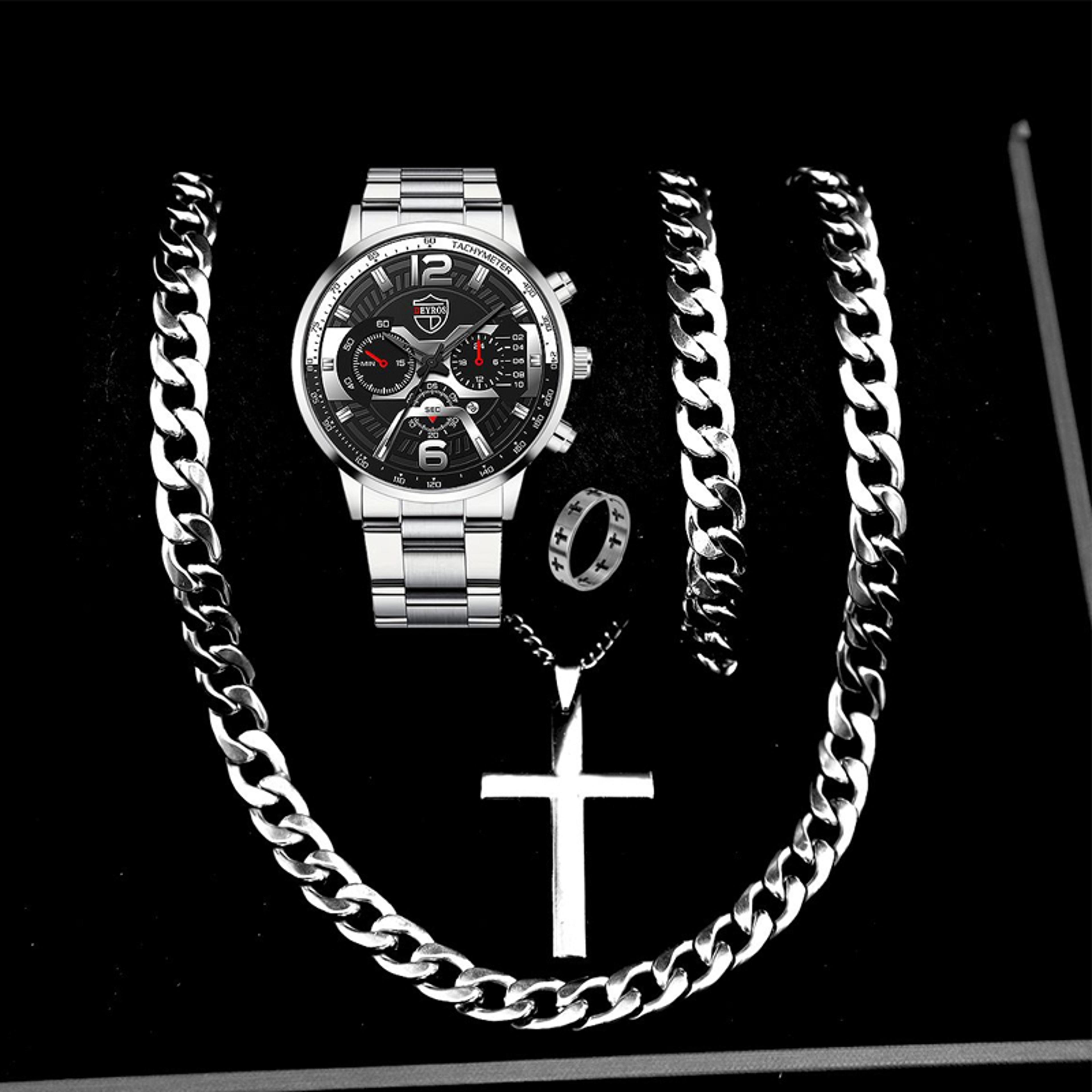 deyros luxury calendar quartz watch gift set for men with bracelet & necklace
