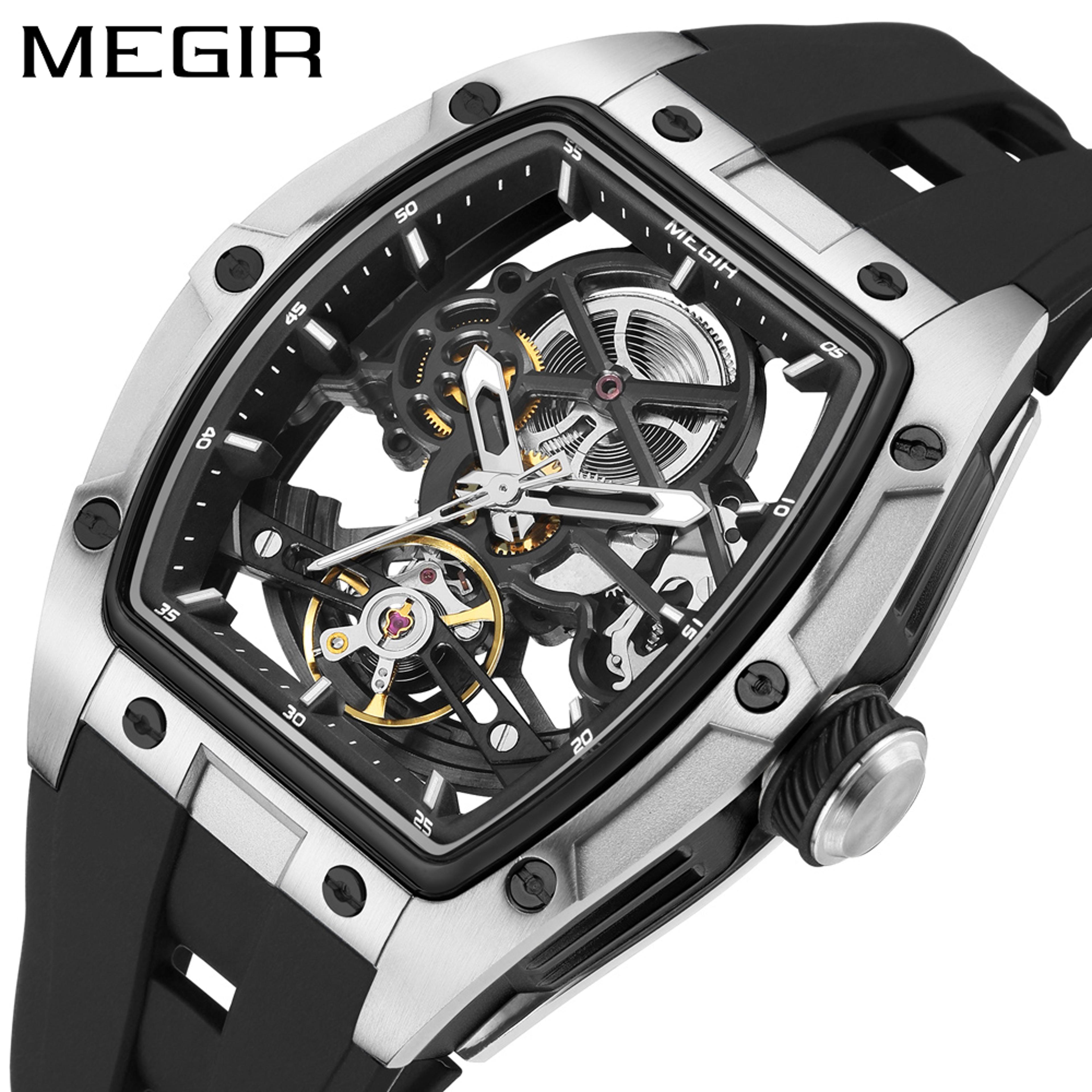 megir barrel dial automatic mechanical watch for men with silicone strap & luminous hands