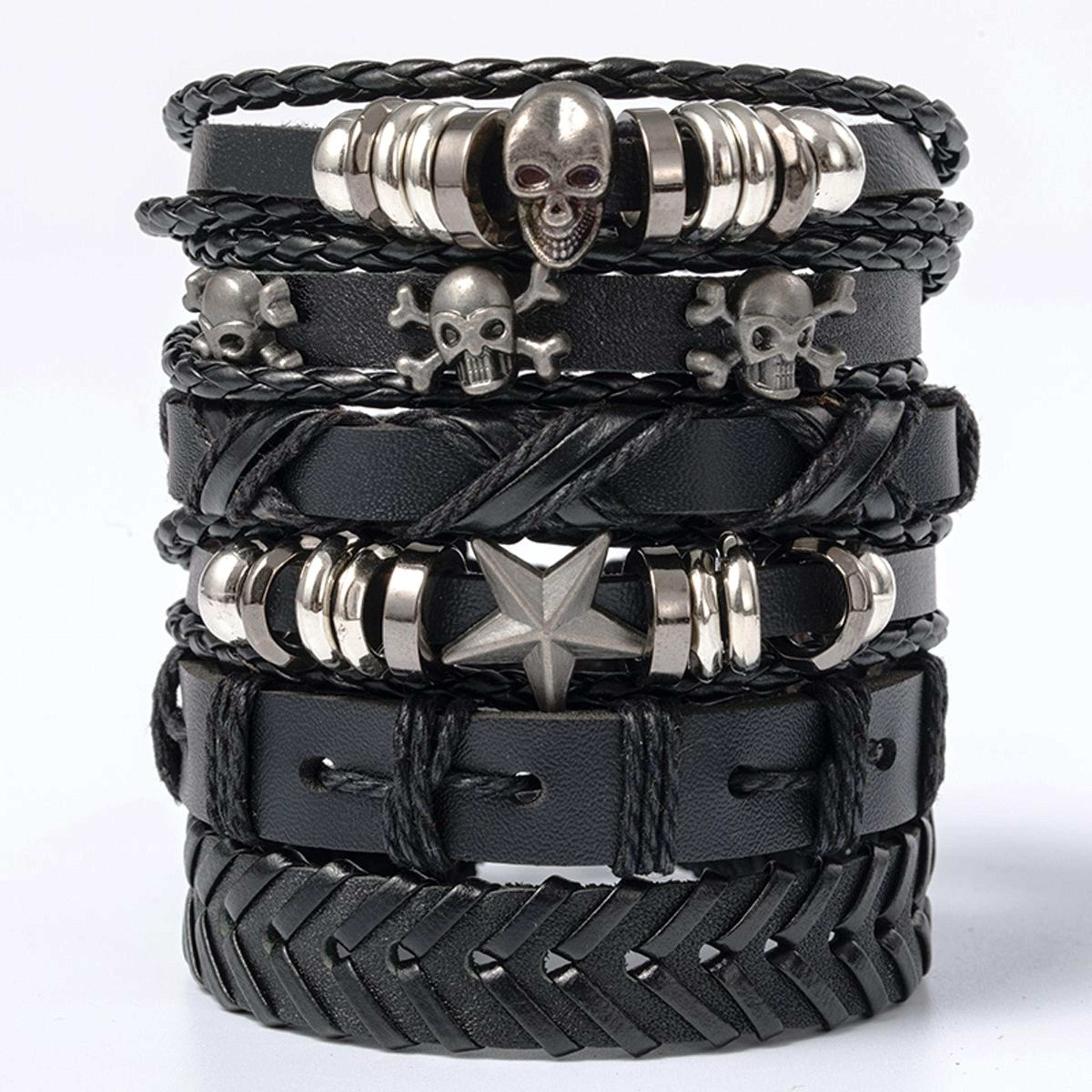 punk bracelet set with skull & star leather bracelets for men & women