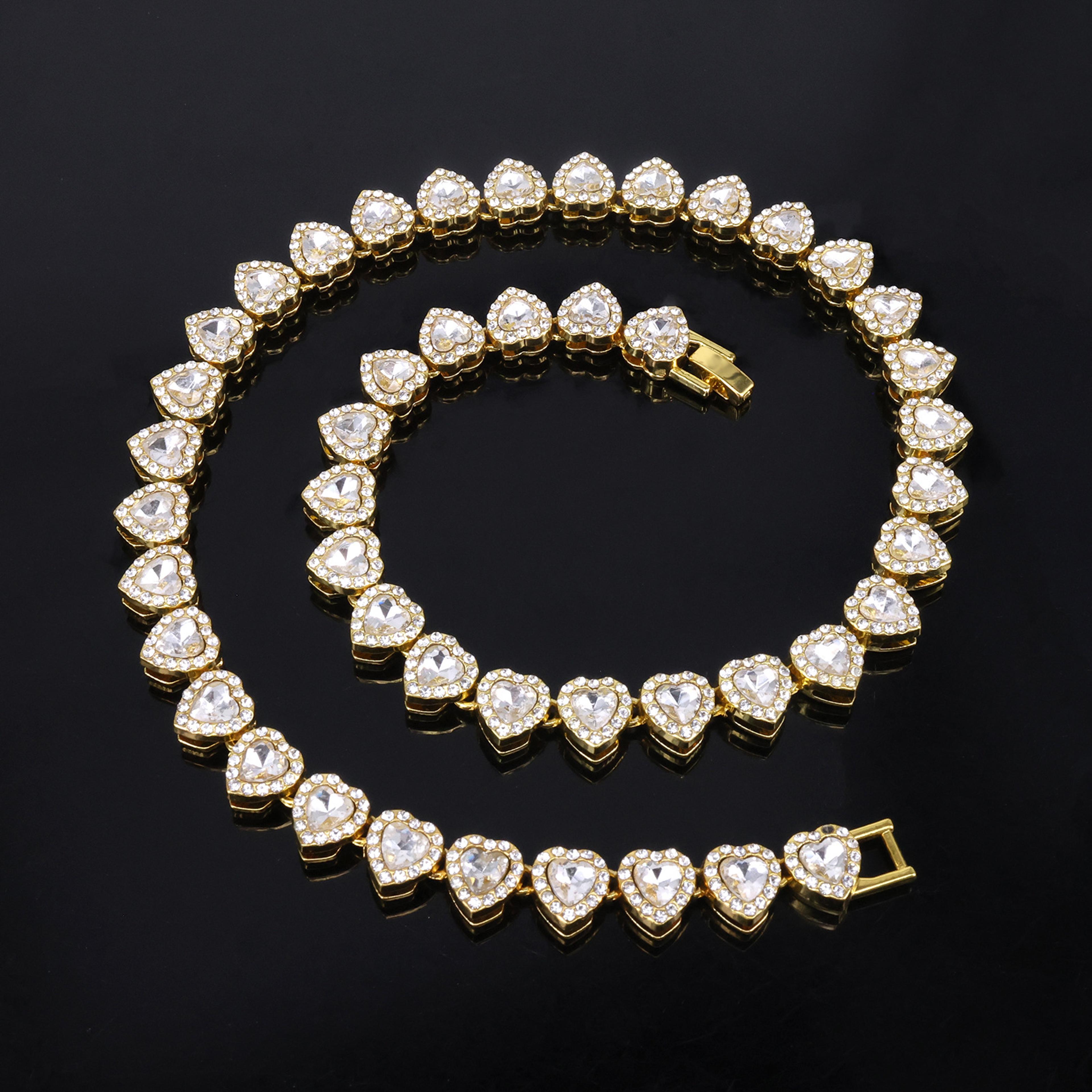 zakol heart tennis chain necklace & bracelet set with cz rhinestones for hip hop style
