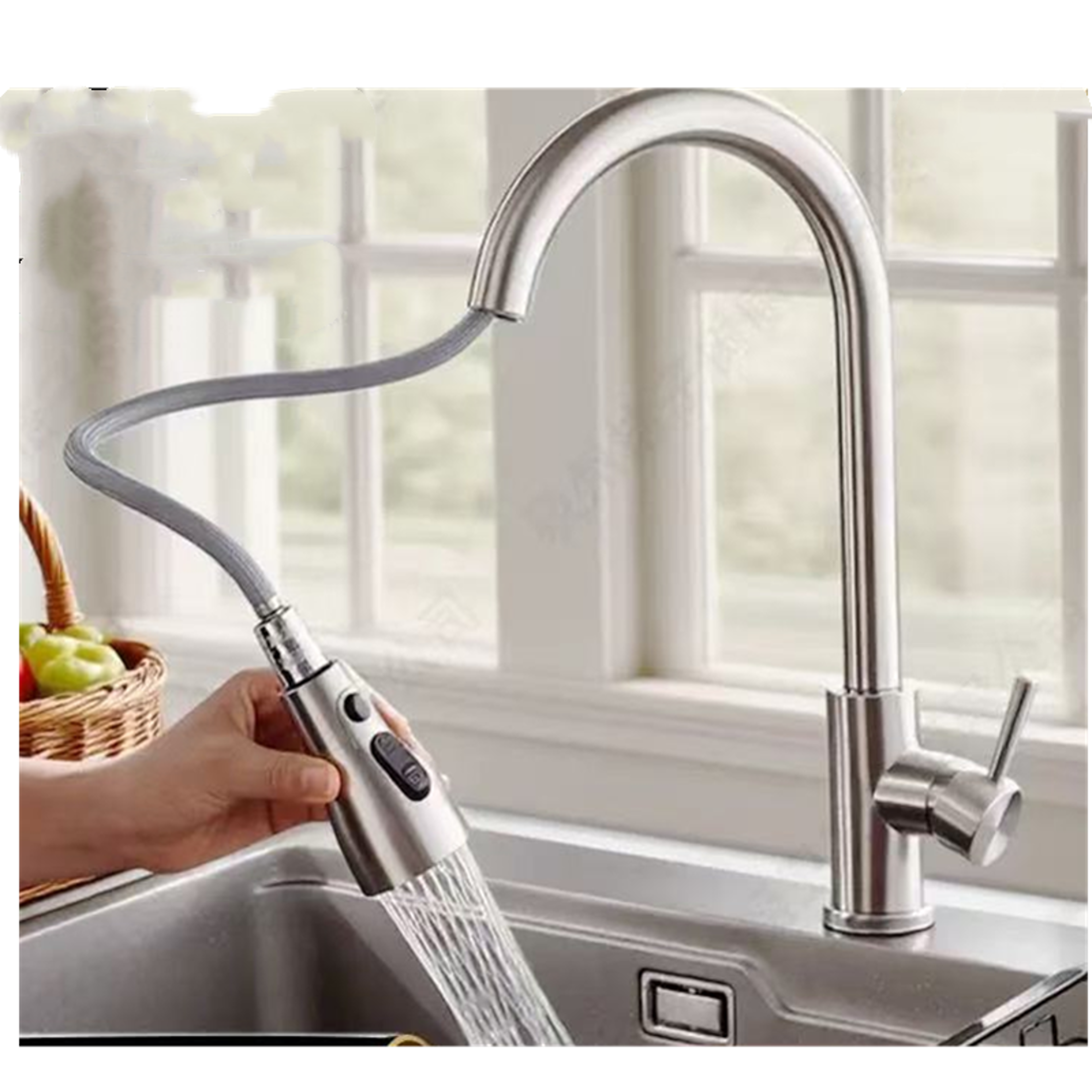 modern stainless steel pull out kitchen faucet with swivel high arc single hole design
