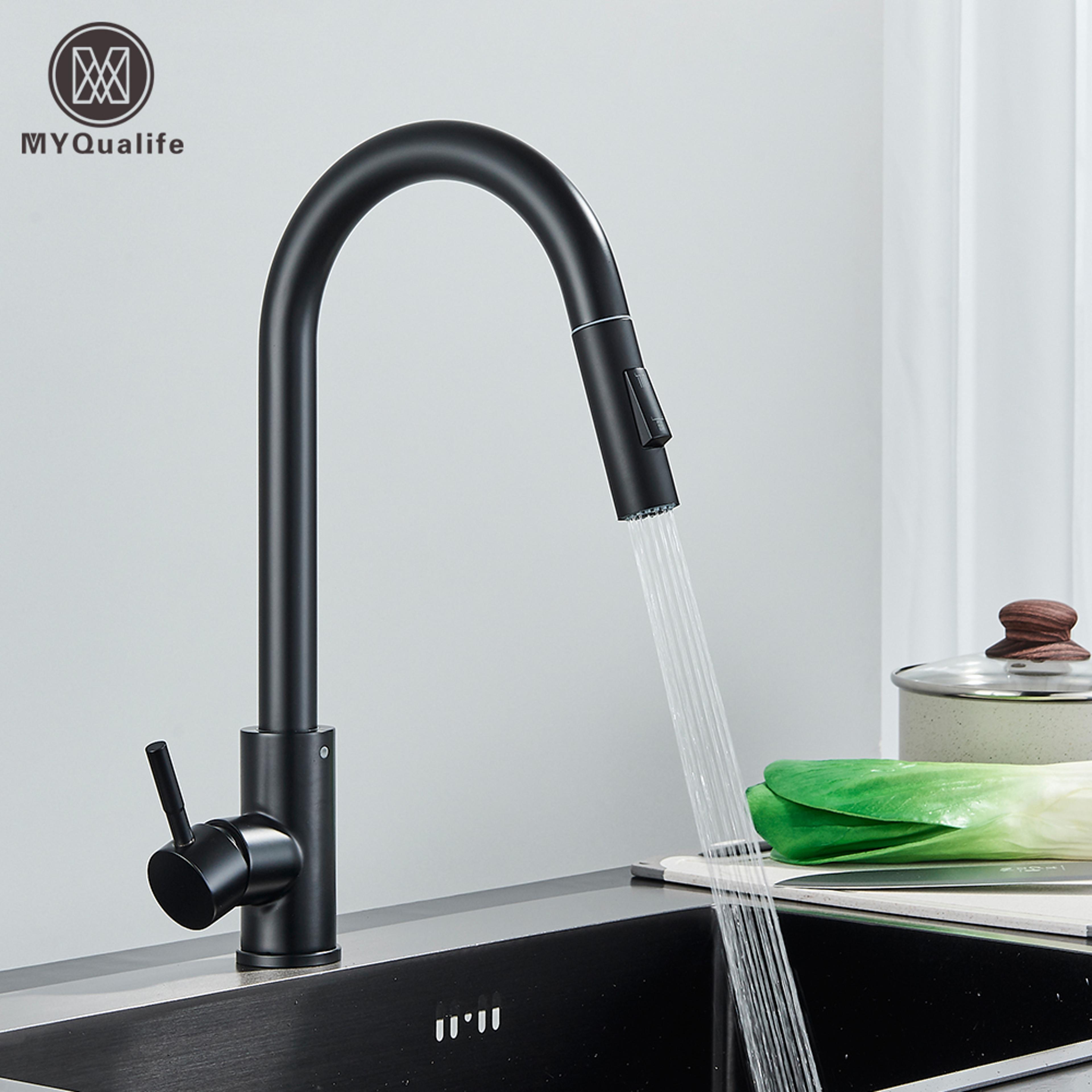 matte black kitchen faucet with pull out sprayer and dual function kitchen sink mixer tap