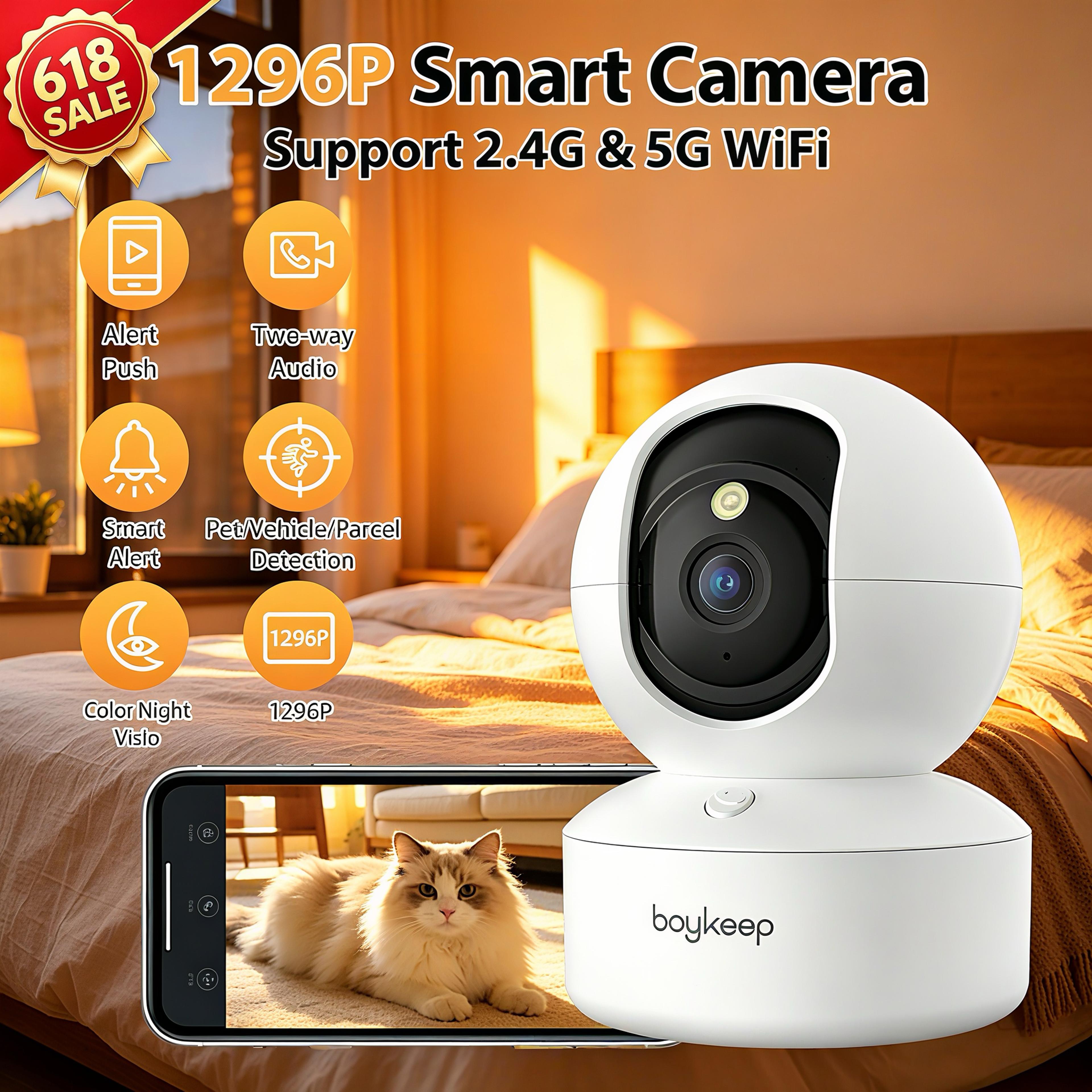boykeep indoor security camera with pan tilt night vision & way audio