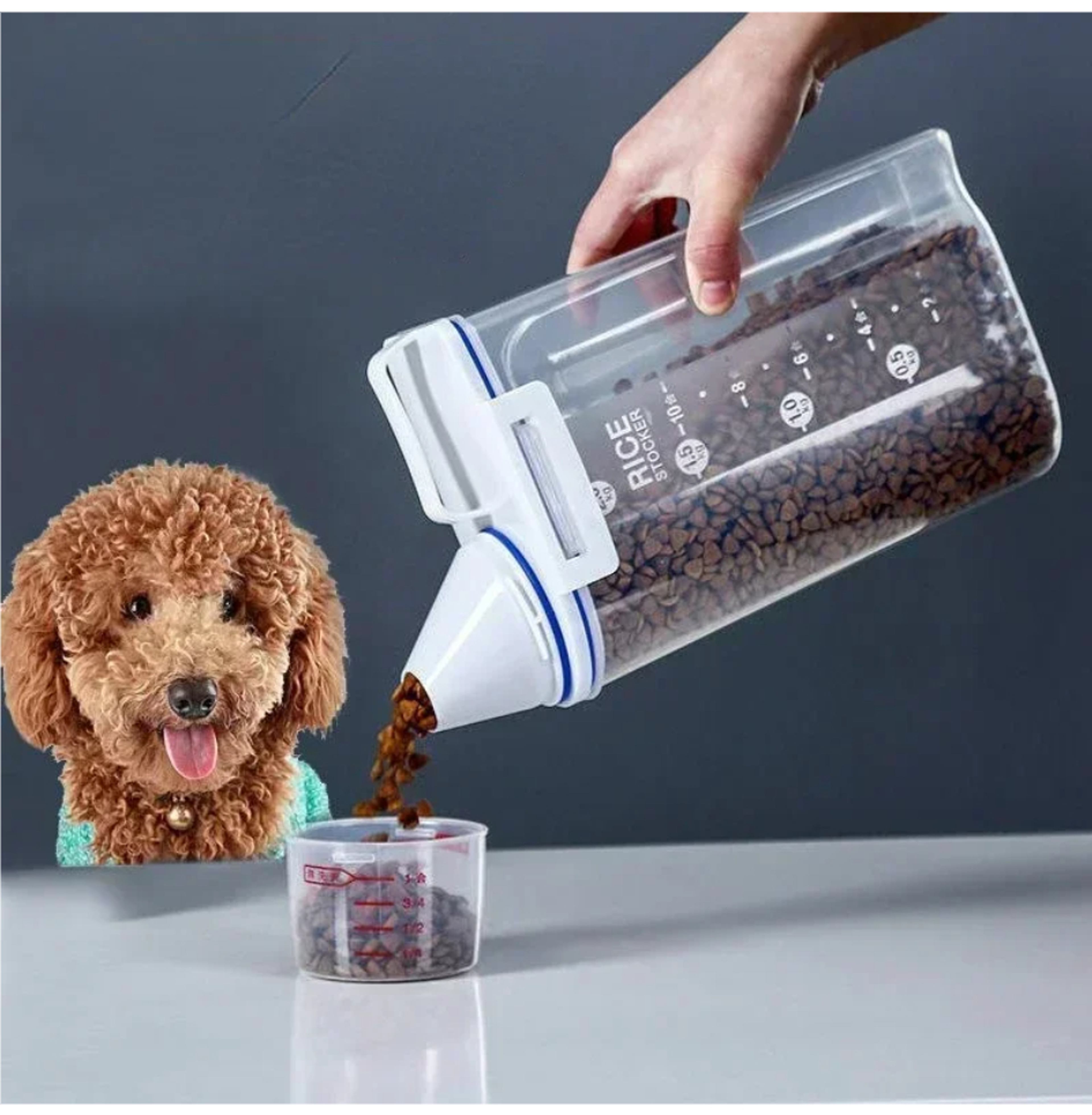 airtight pet food storage container with measuring cup for dog & cat food