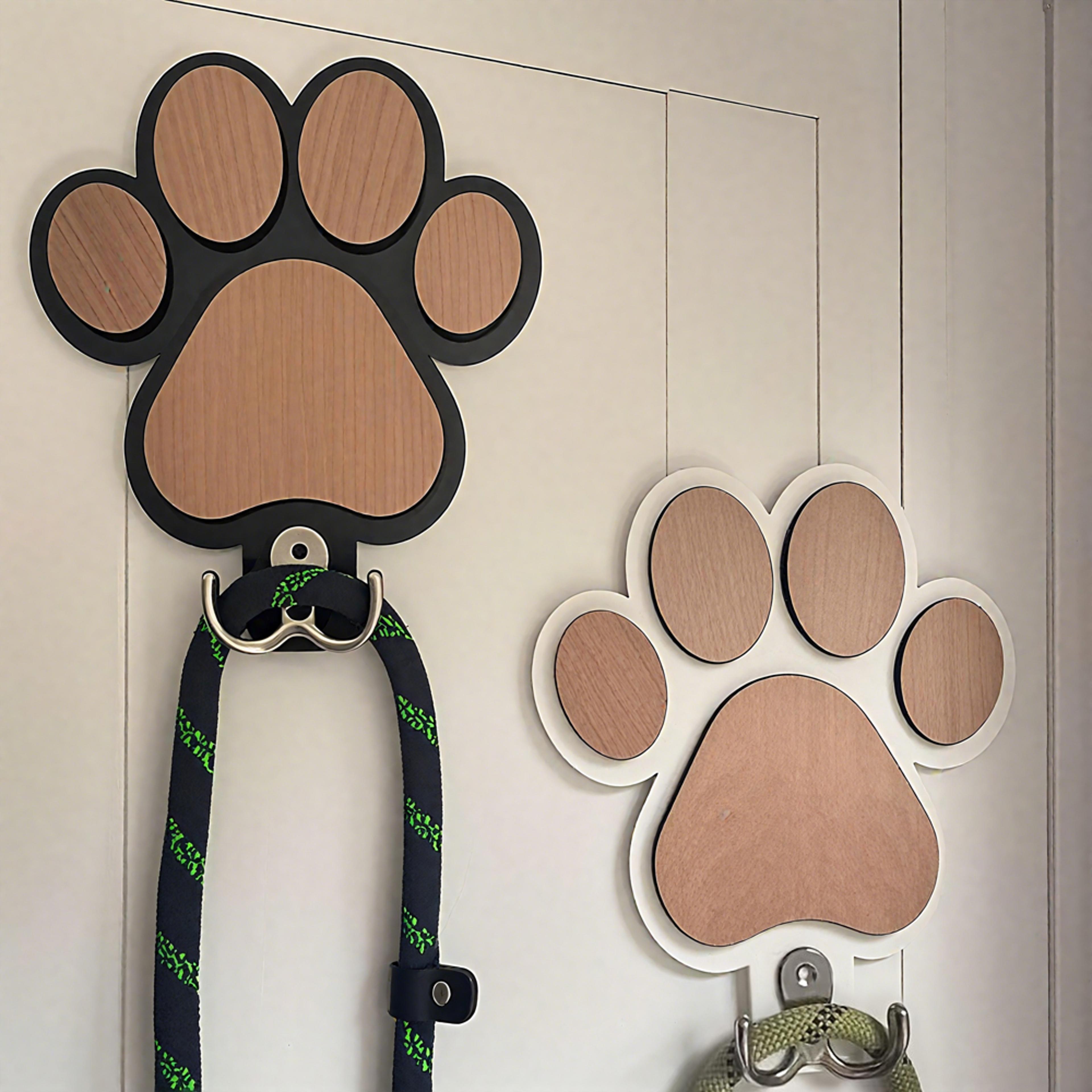 paw print dog leash holder wooden wall hook for collars leashes & coats