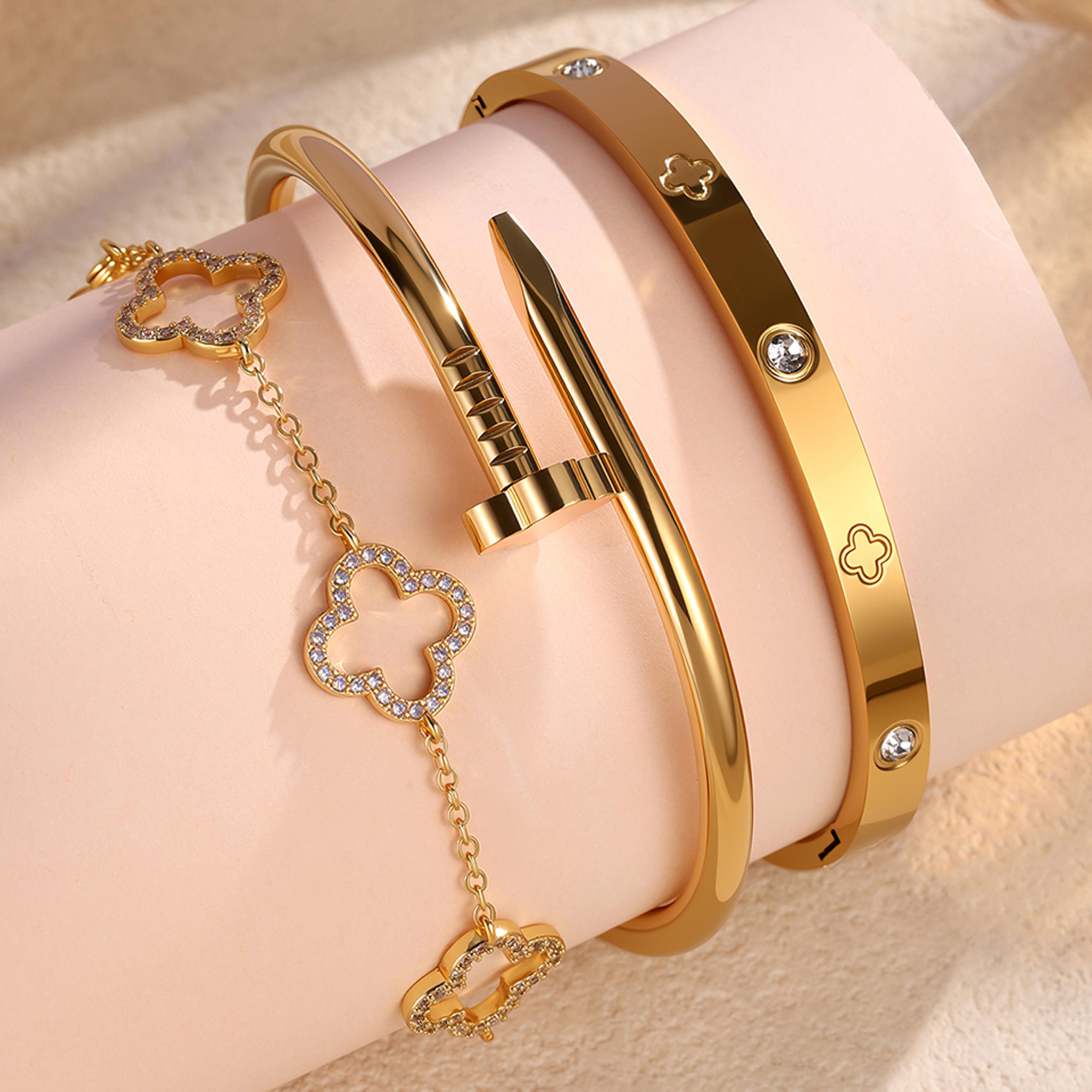 lucky four leaf clover bracelet gold plated stainless steel bracelet with sparkling zircon