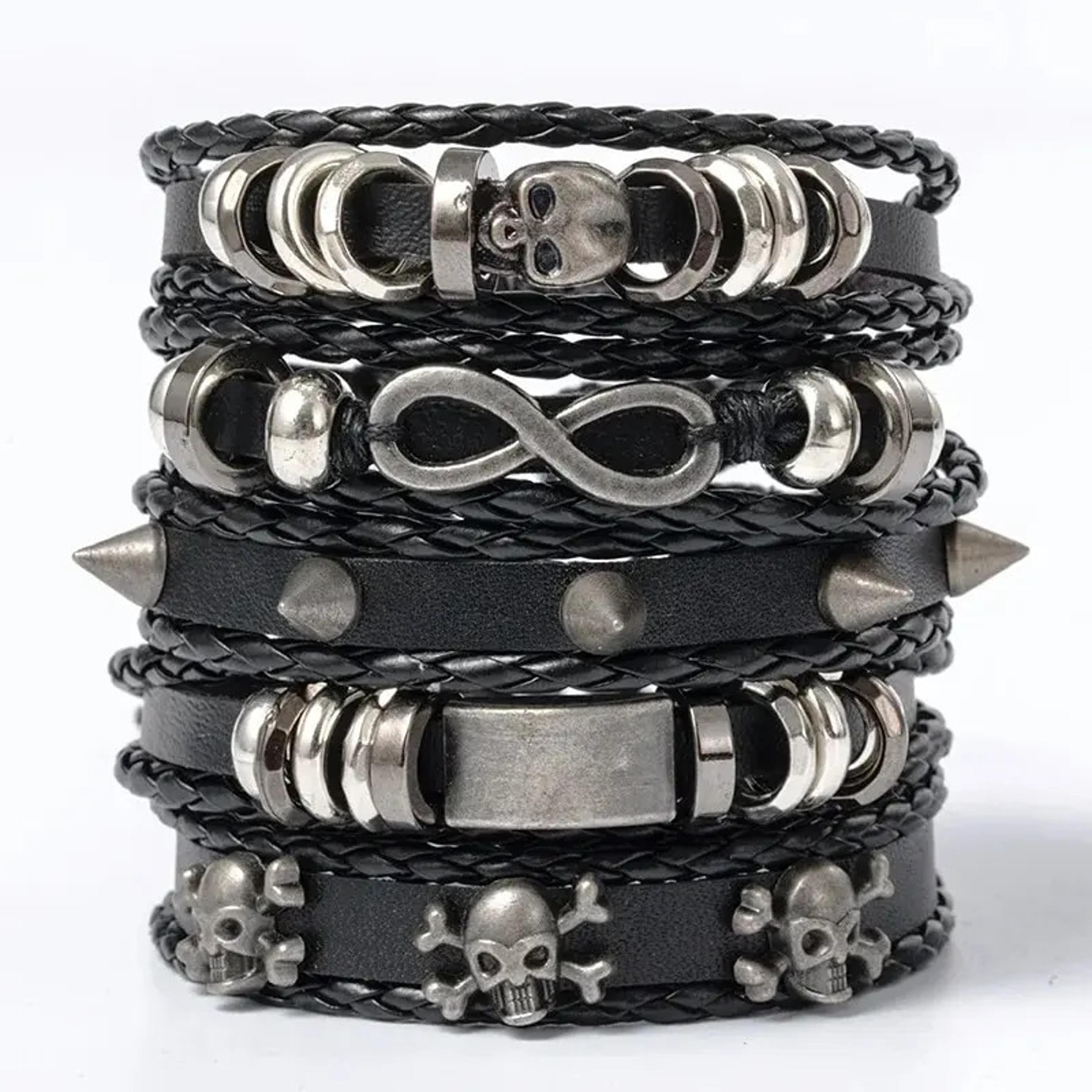 urban rebel punk bracelet set leather bracelet & beaded braided wristband collection