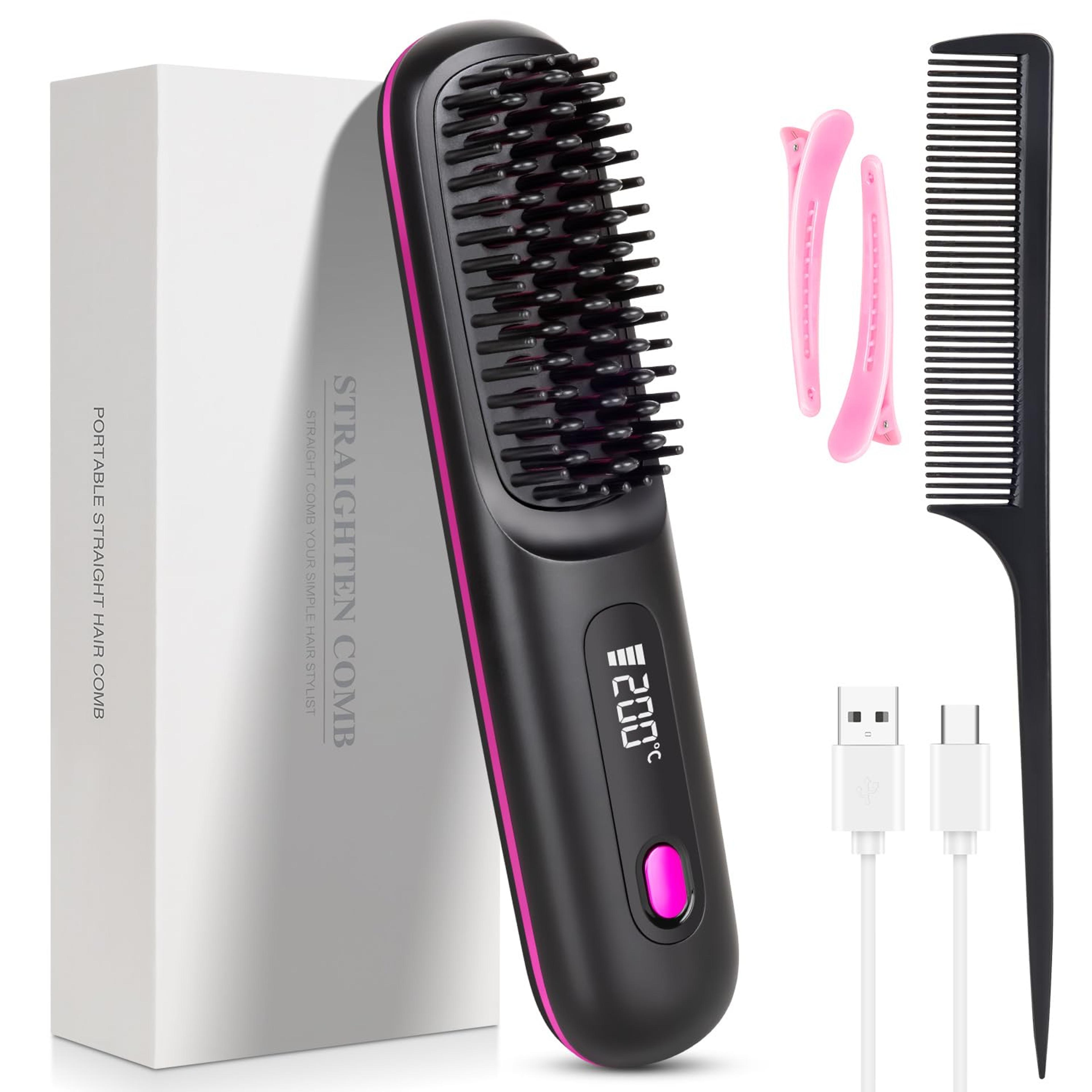 cordless hair straightener brush with ionic ceramic coating & led display usb rechargeable portable hair styler