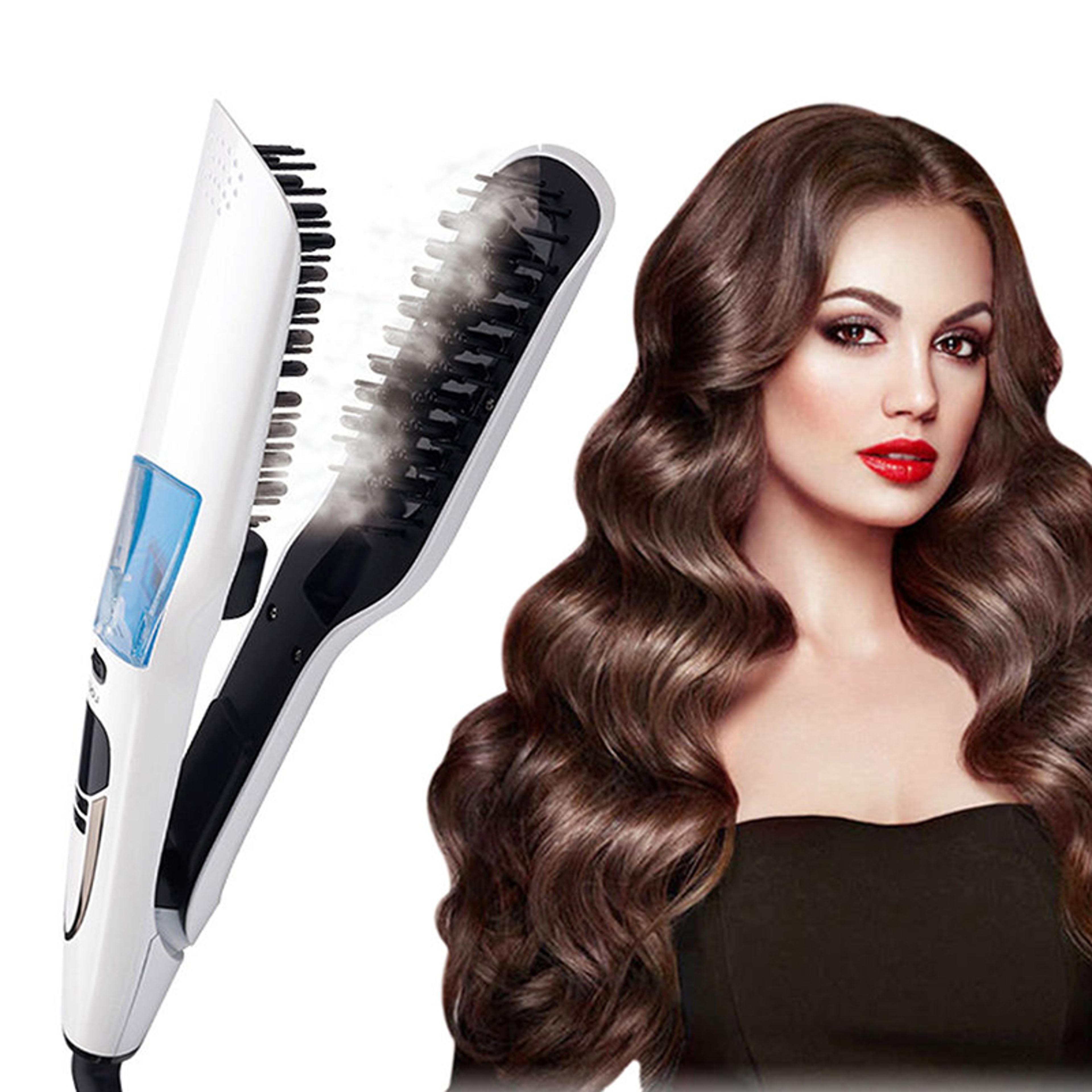 titanium hair straightener brush with steam & dual voltage fast heating hot hair comb