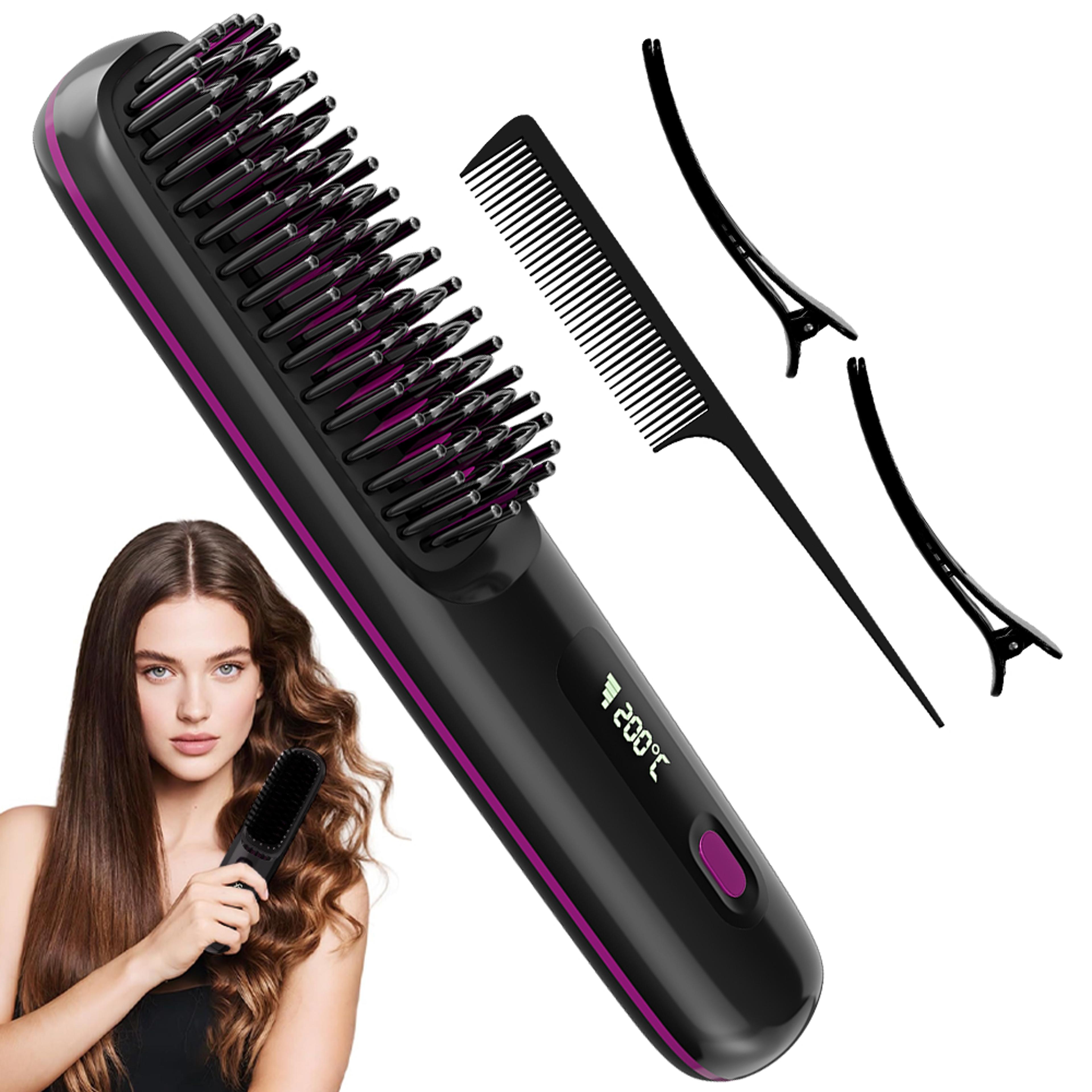 rechargeable cordless hair straightener brush with ionic technology & heat settings