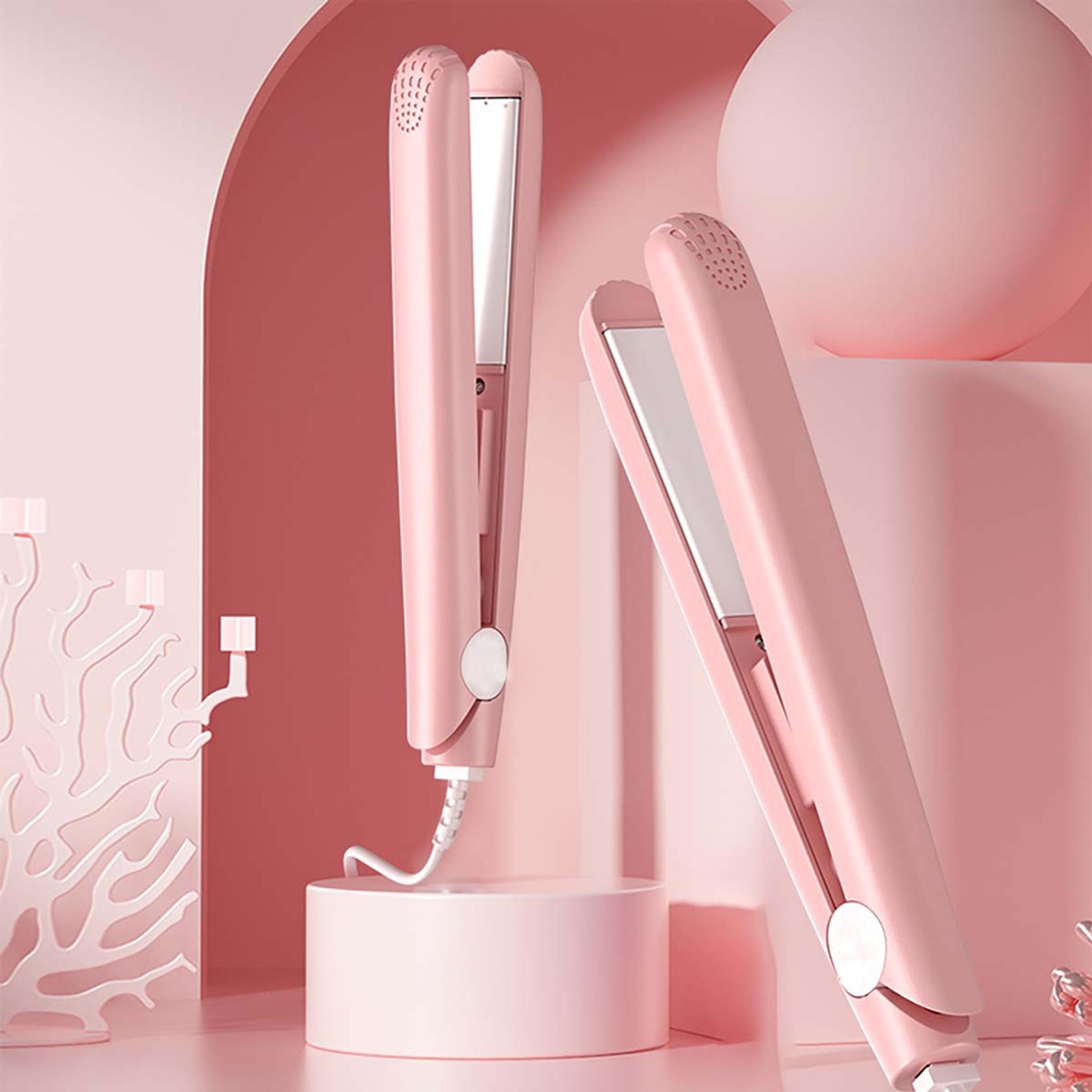 pink ceramic hair straightener & curler with floating plates fast heat flat iron