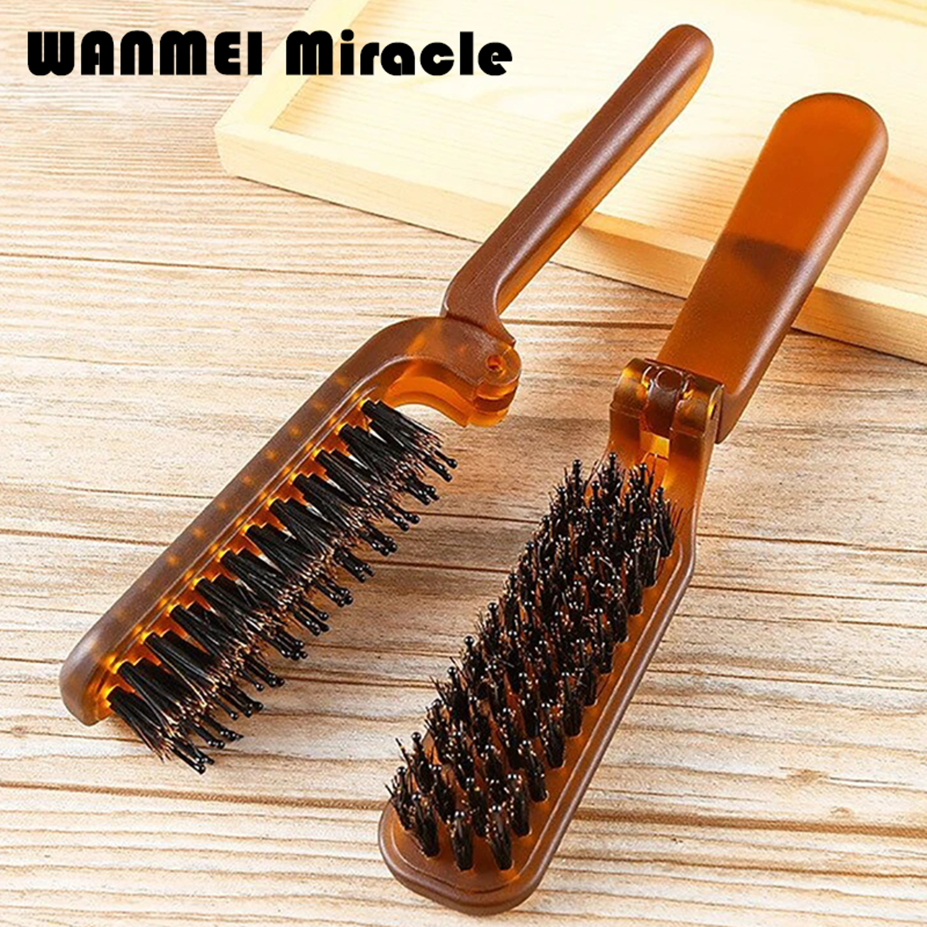 amber foldable hair brush with boar bristles portable travel pocket styling comb