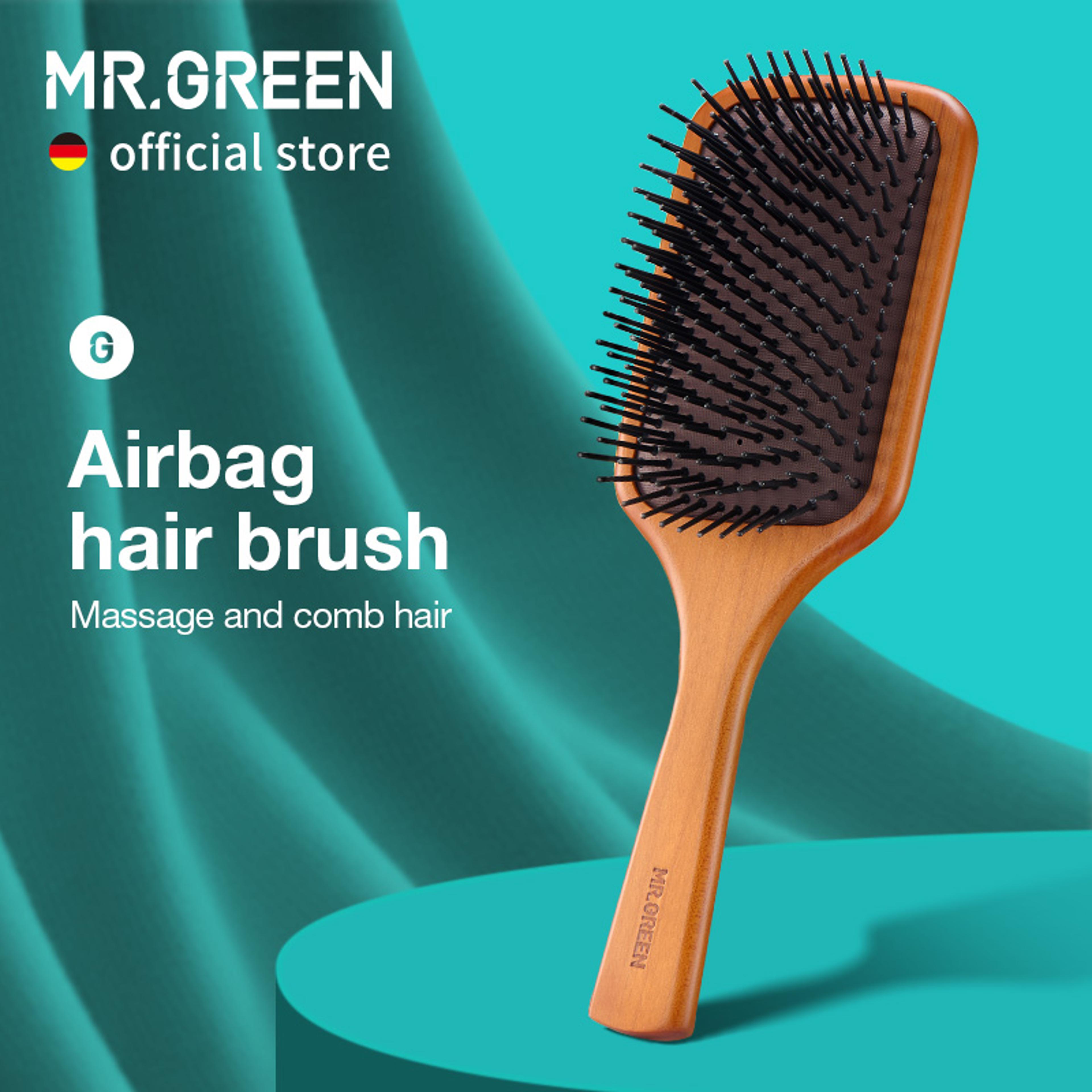 mr green wooden hair brush with air cushion scalp massage for curly long & all hair types