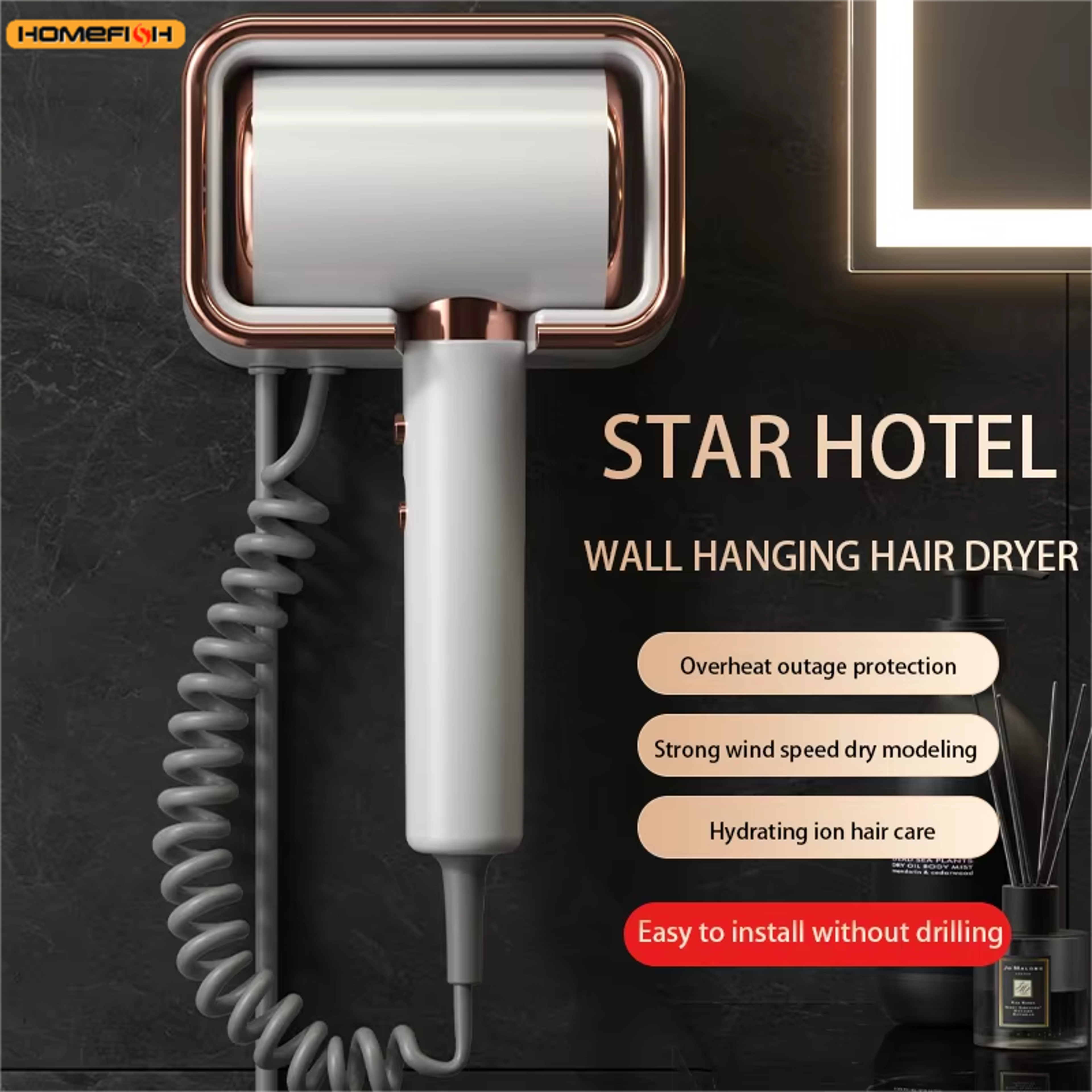 wall mounted hair dryer with no drill holder high power hotel hair dryer for bathrooms