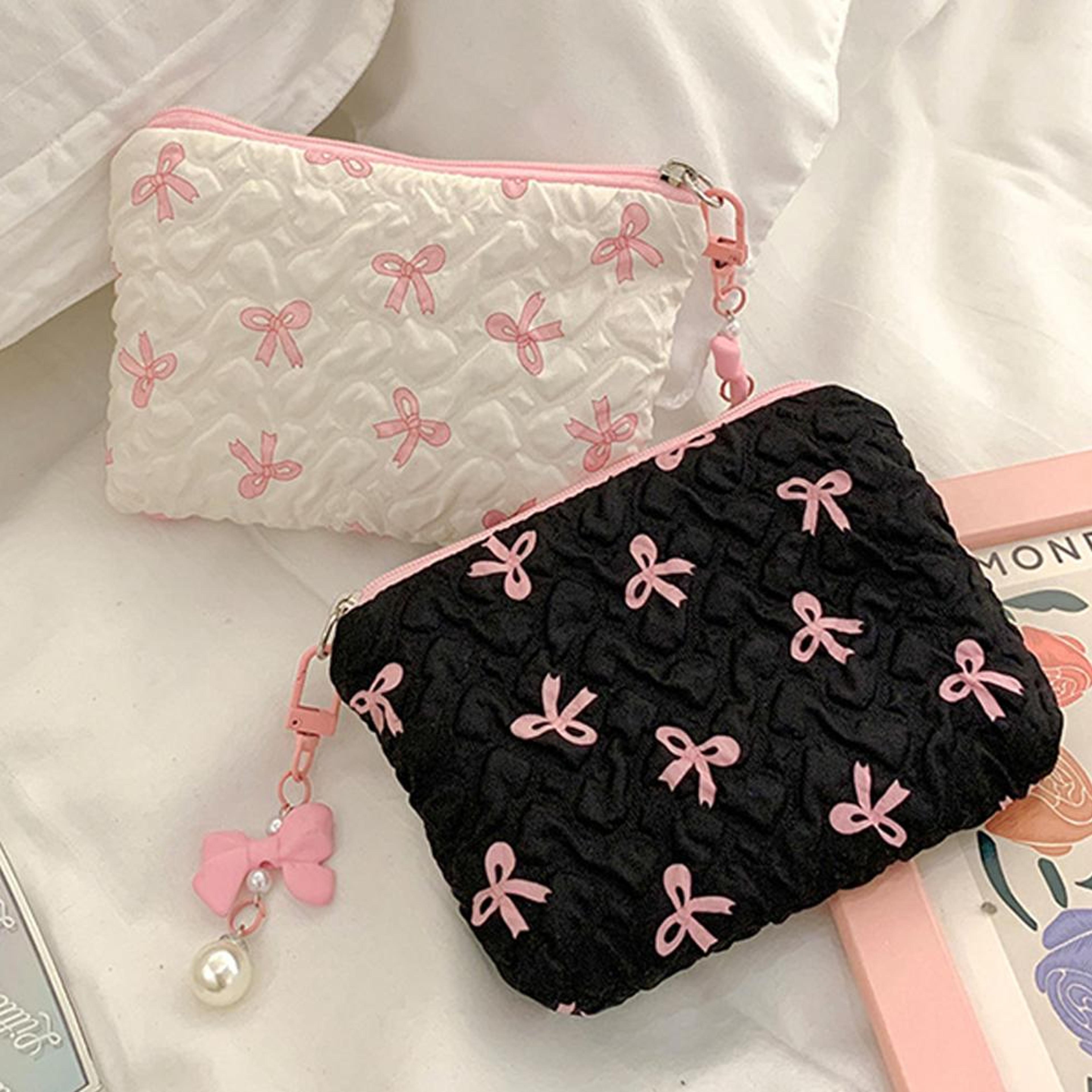 large capacity canvas makeup bag with bow travel cosmetic organizer for women