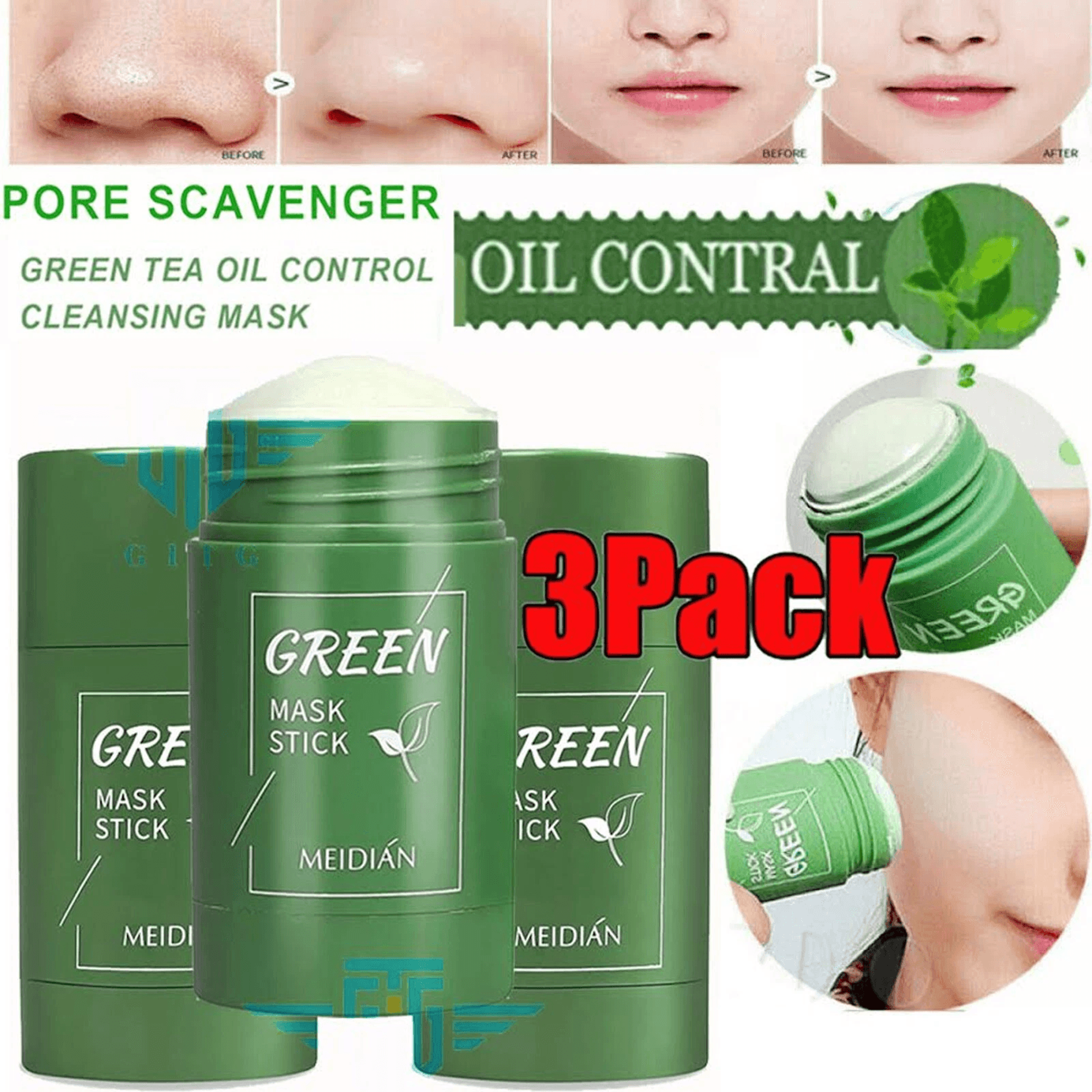 green tea facial mask stick set, pore purifying, oil control & acne treatment